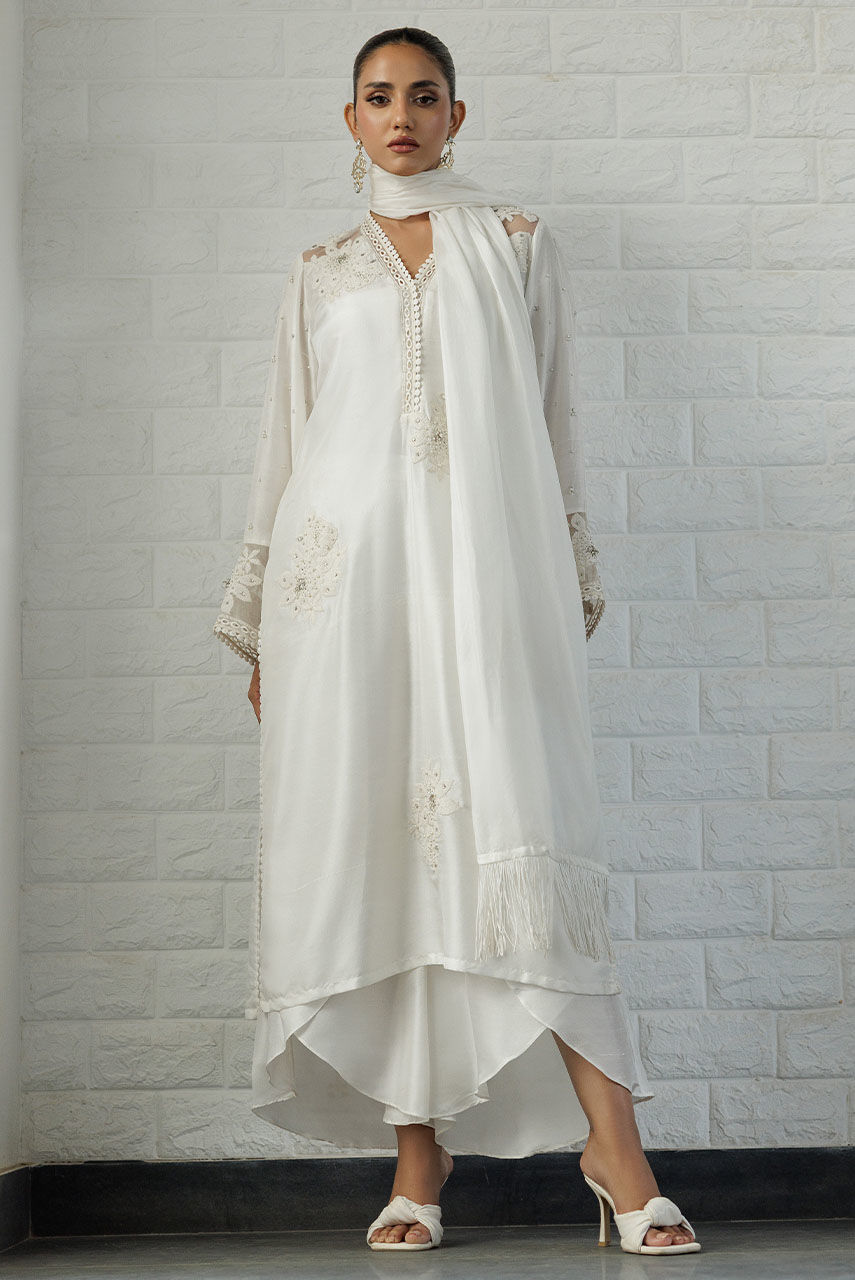 Pakistani White 3D Floral Embroidered Raw Silk Kurta Set (3-Piece) - Image 1