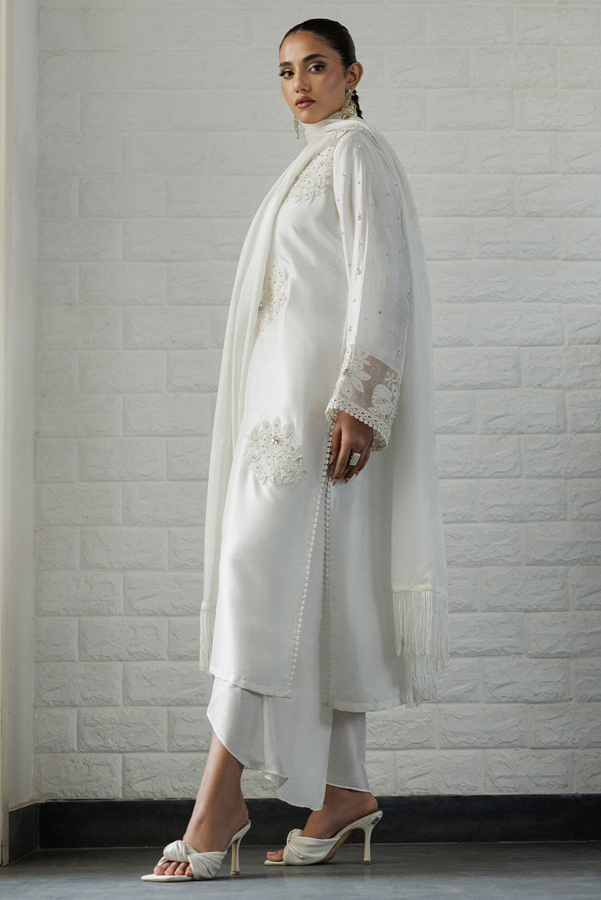 Pakistani White 3D Floral Embroidered Raw Silk Kurta Set (3-Piece) - Image 2