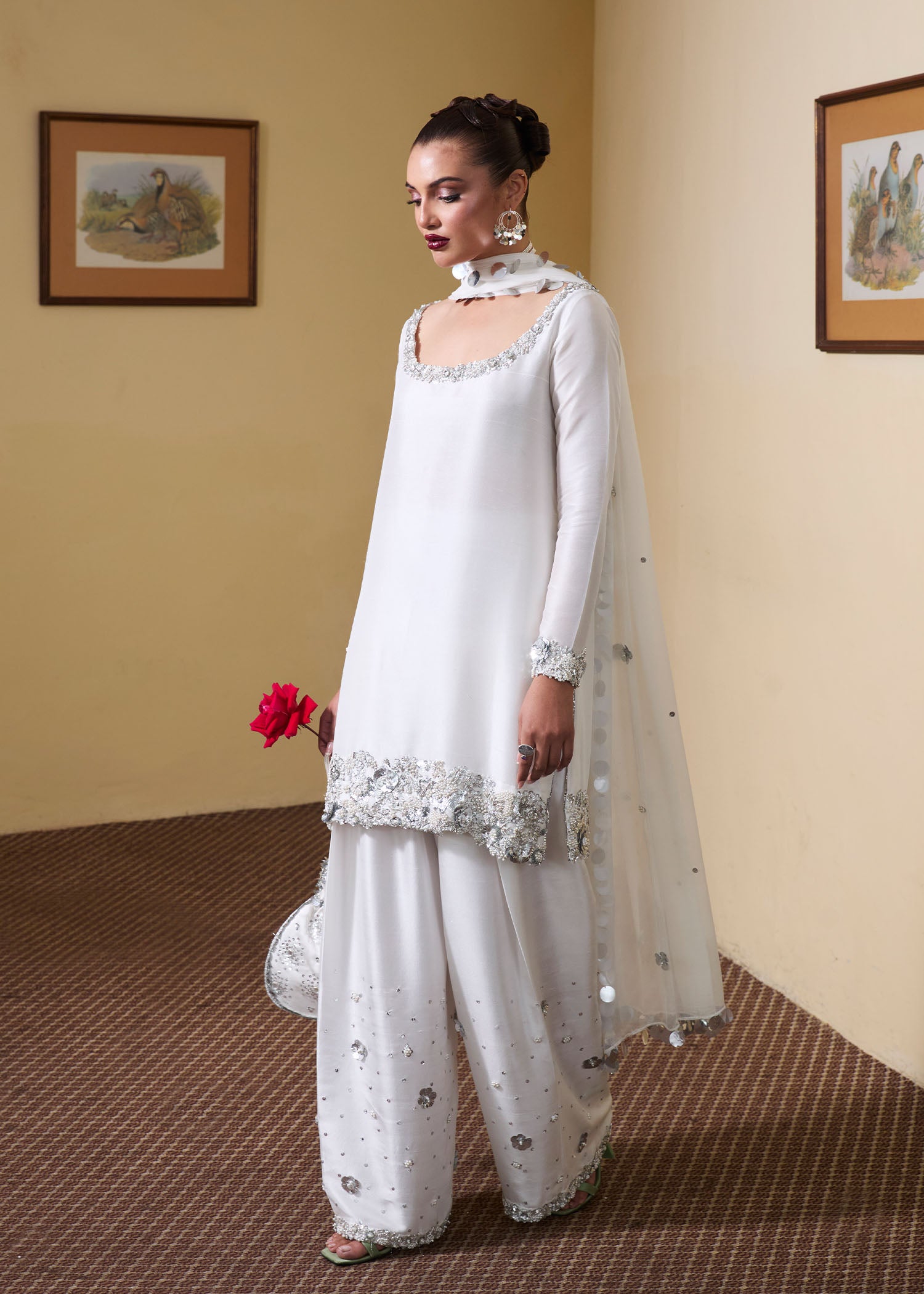 Swan White 3D Embellished Silk Shalwar Kameez (3-Piece) - Image 2