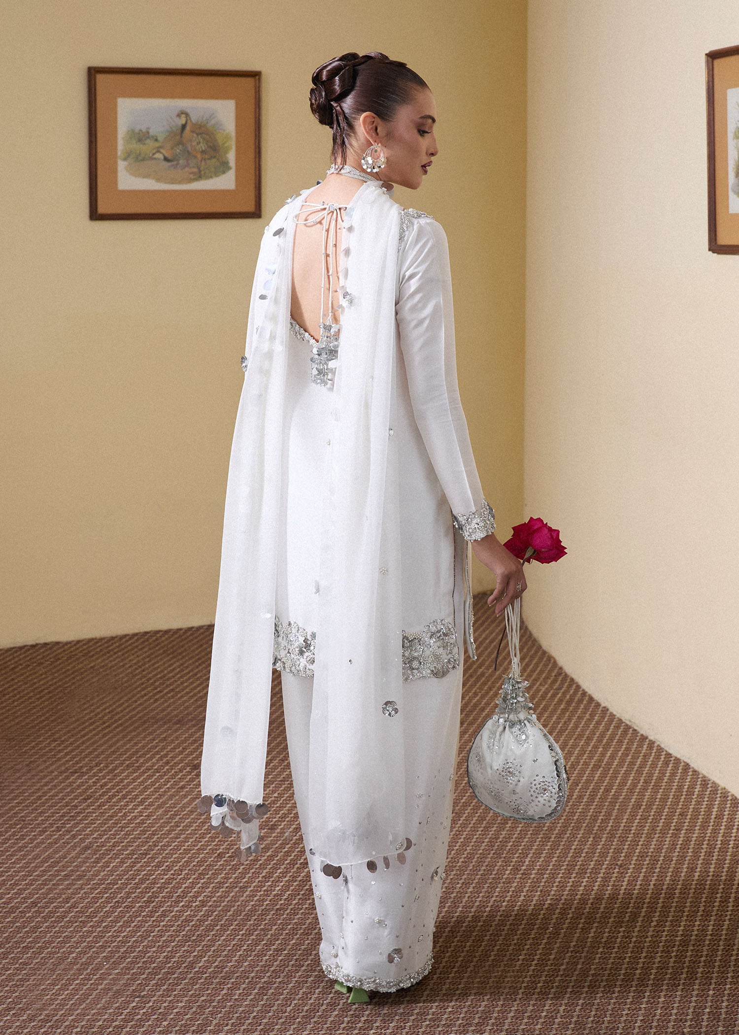 Swan White 3D Embellished Silk Shalwar Kameez (3-Piece) - Image 4