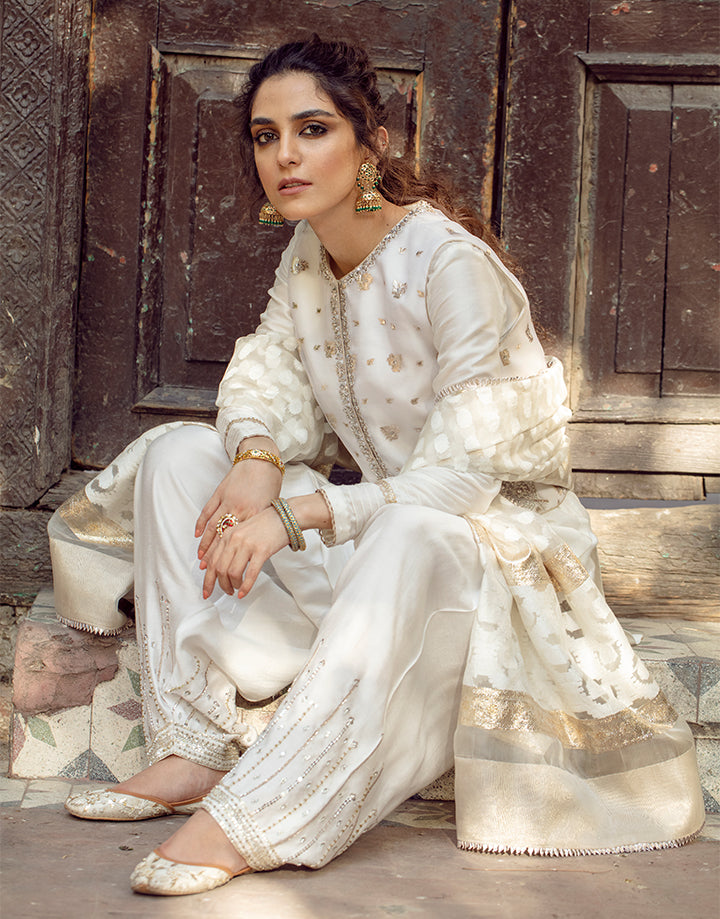 White Embellished Korean Raw Silk Shalwar Kameez (4-Piece) - Image 5