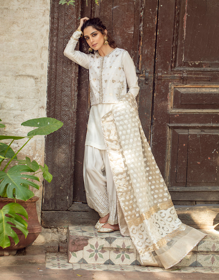 White Embellished Korean Raw Silk Shalwar Kameez (4-Piece) - Image 8
