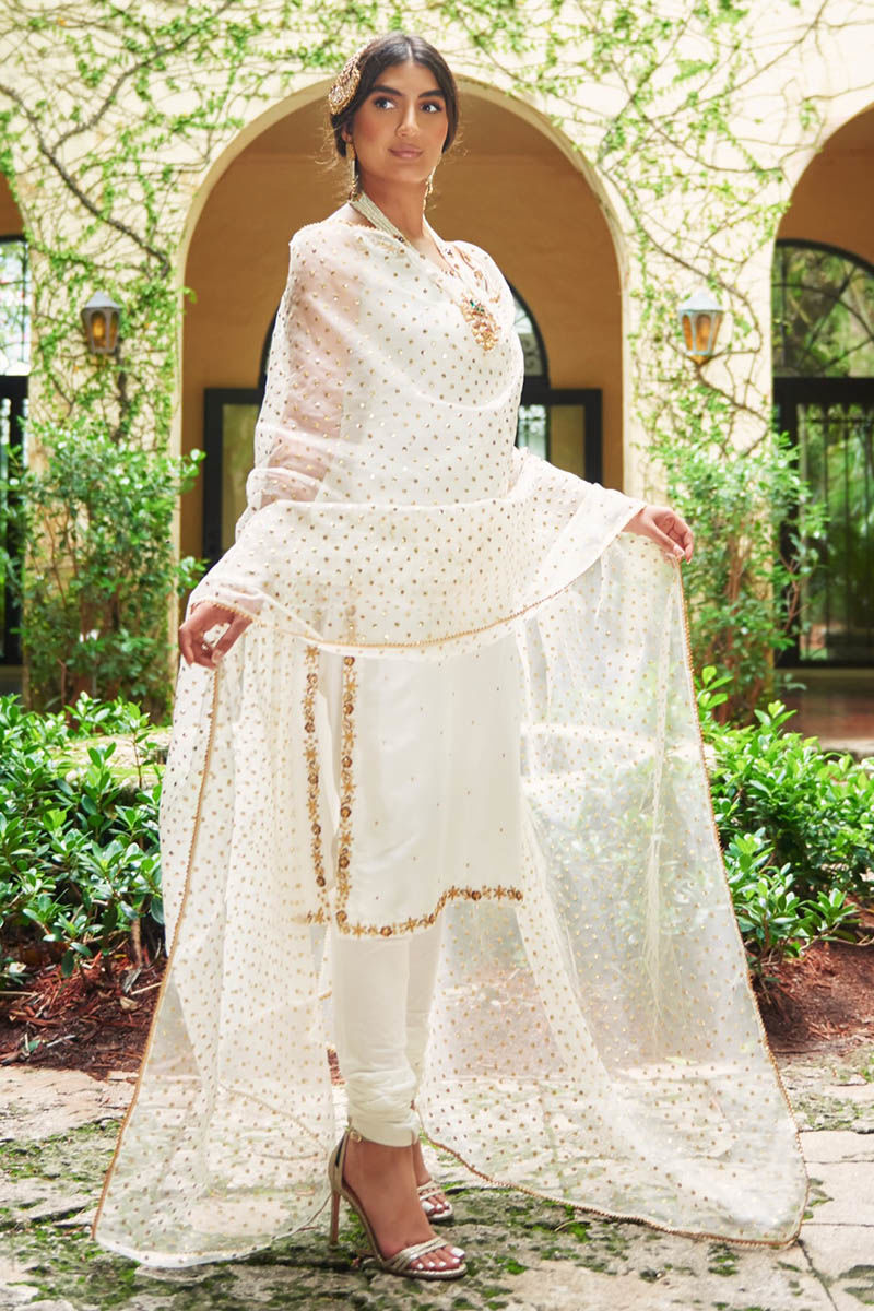 White Dabka Embroidered Raw Silk Salwar Kameez (3-Piece) - Image 1