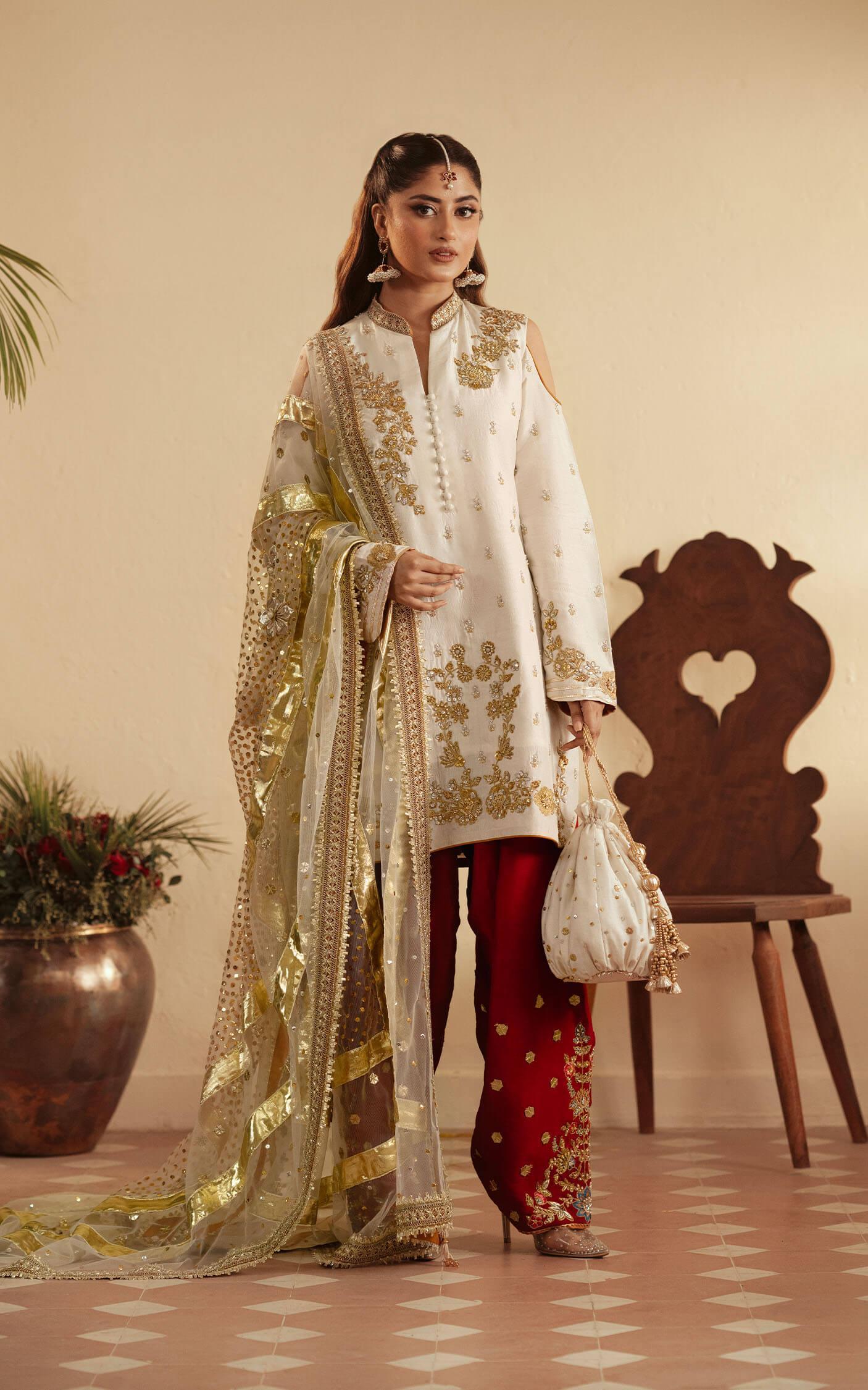White Dabka Embroidered Raw Silk Salwar Kameez (3-Piece) - Image 1