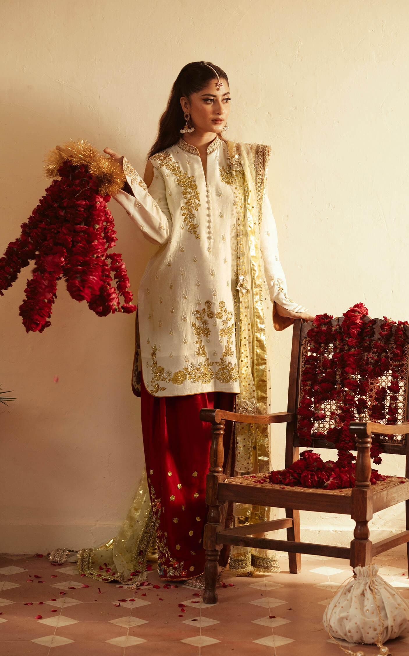White Dabka Embroidered Raw Silk Salwar Kameez (3-Piece) - Image 2