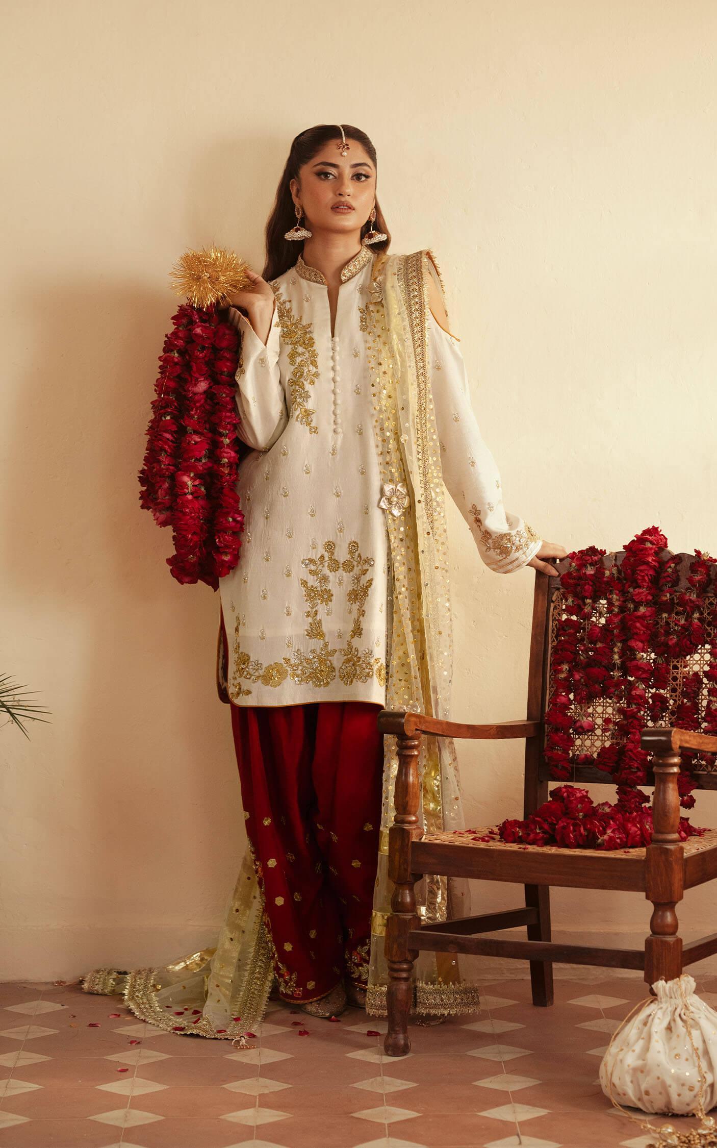 White Dabka Embroidered Raw Silk Salwar Kameez (3-Piece) - Image 3