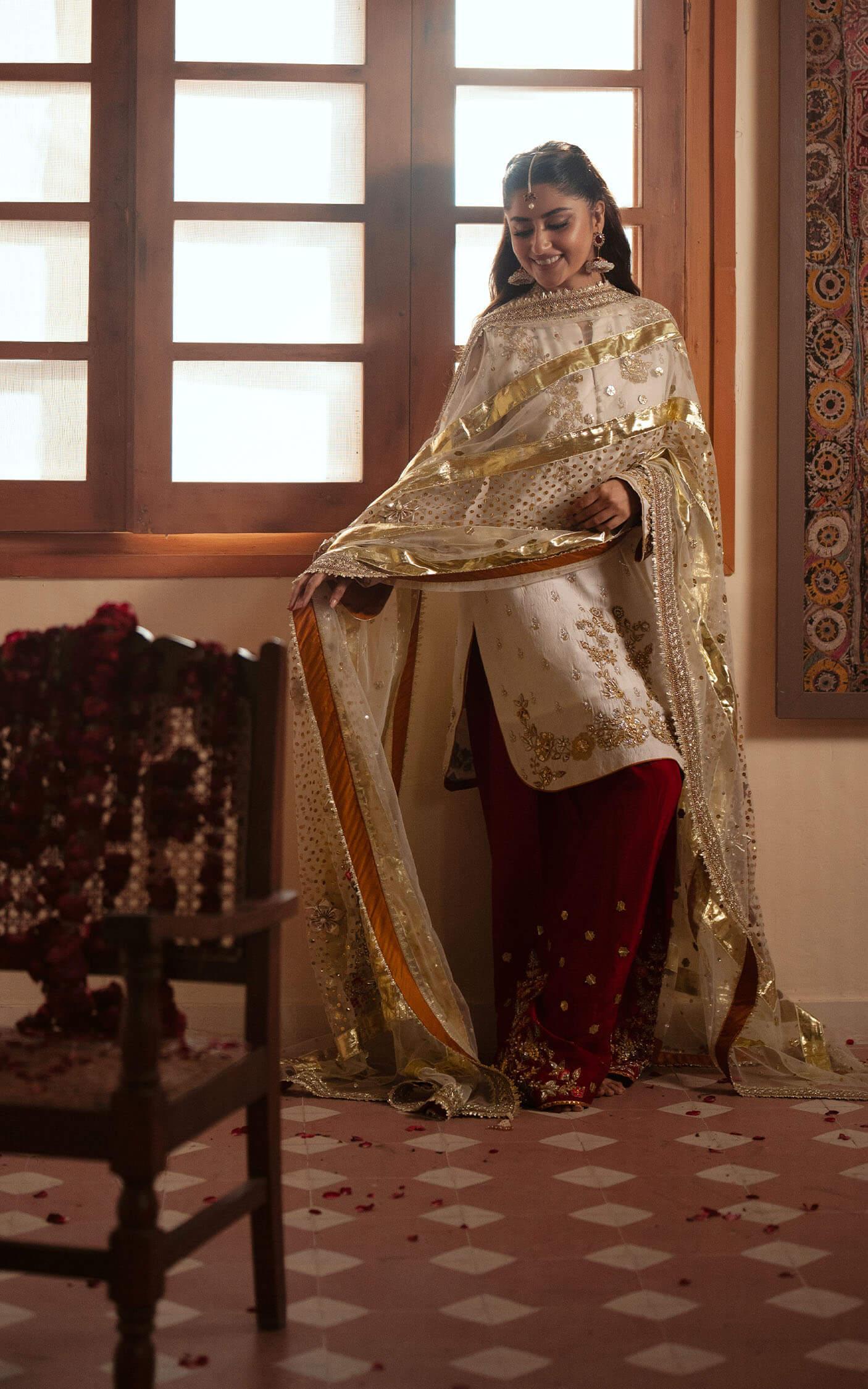 White Dabka Embroidered Raw Silk Salwar Kameez (3-Piece) - Image 5