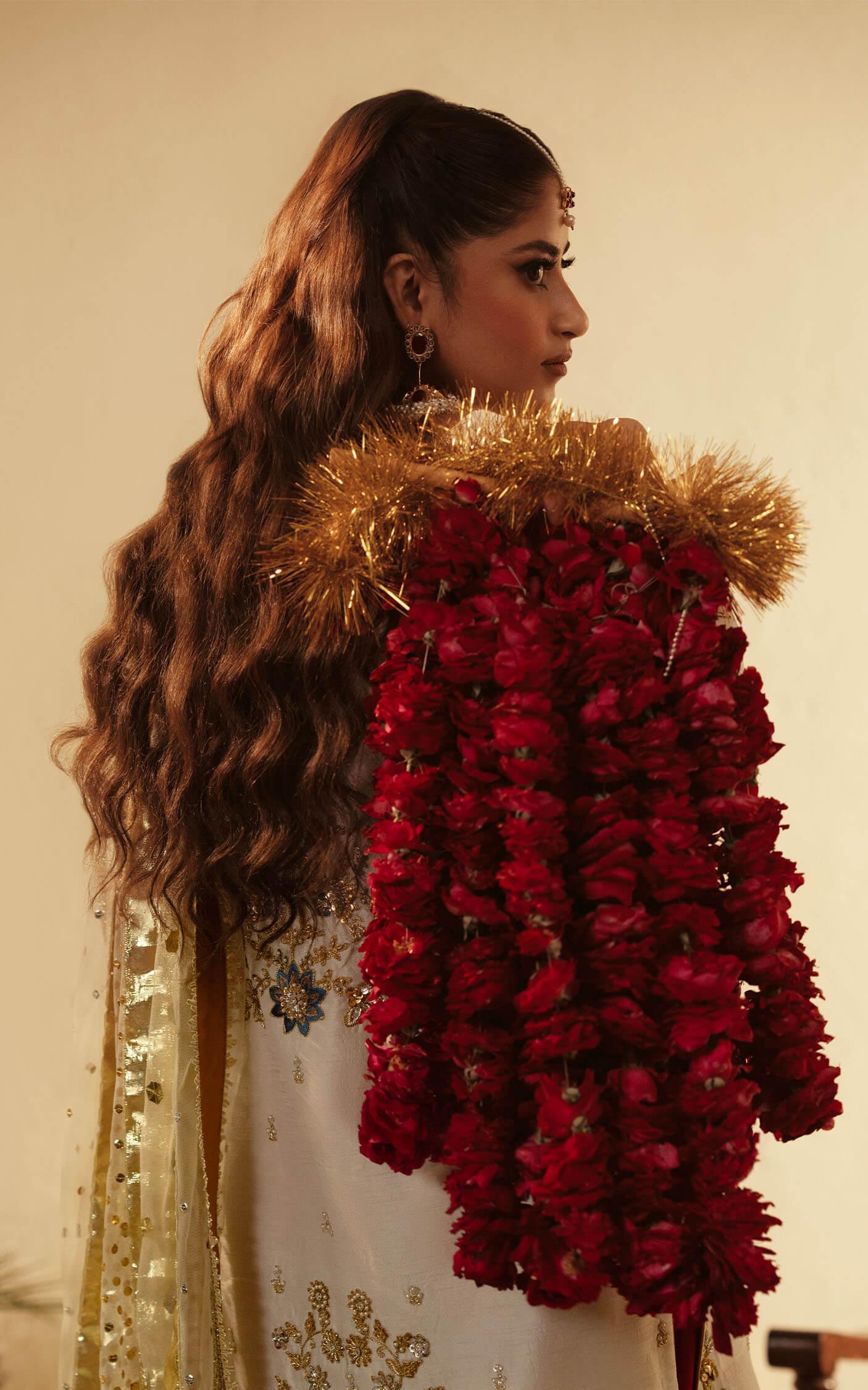 White Dabka Embroidered Raw Silk Salwar Kameez (3-Piece) - Image 6