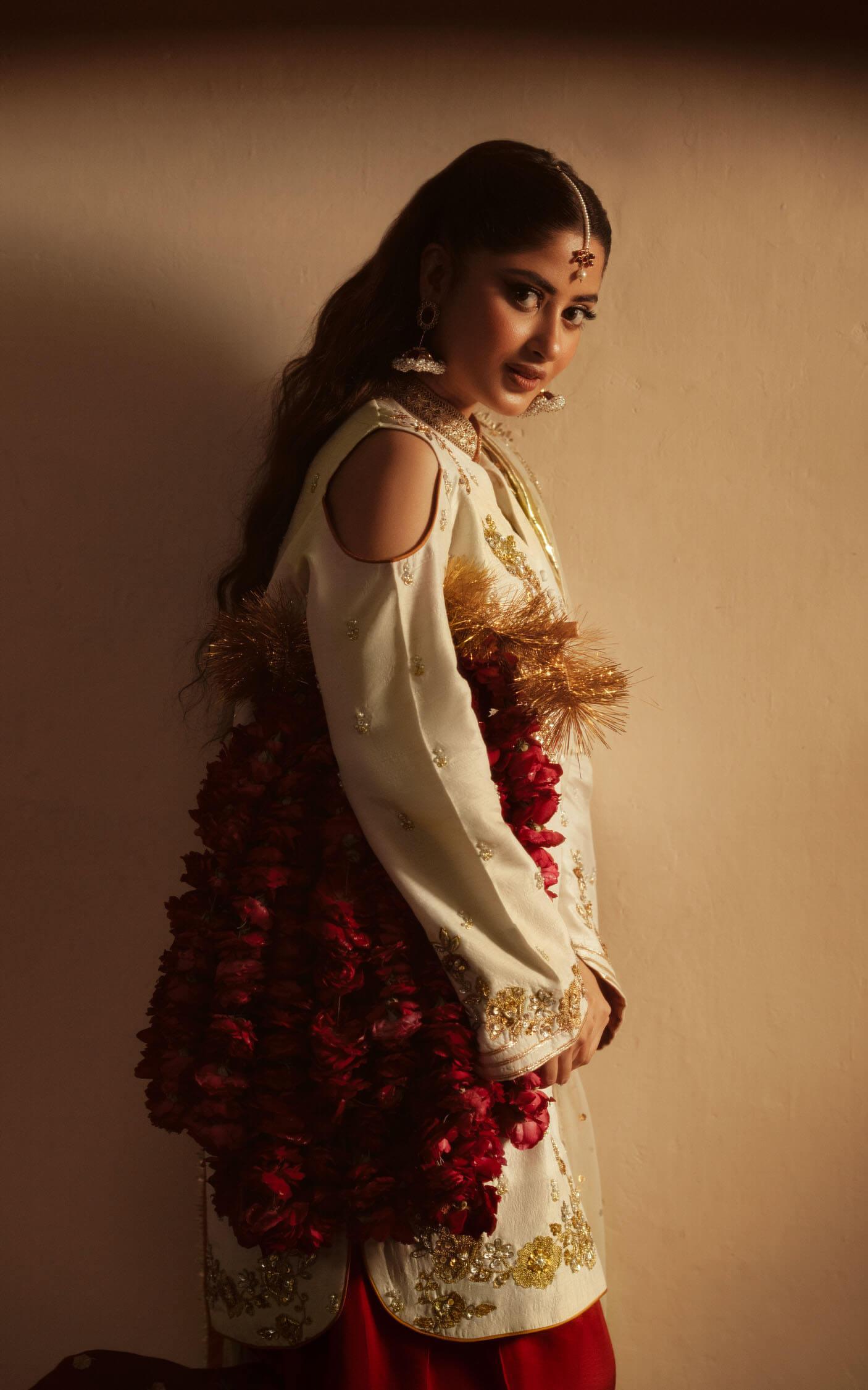 White Dabka Embroidered Raw Silk Salwar Kameez (3-Piece) - Image 7