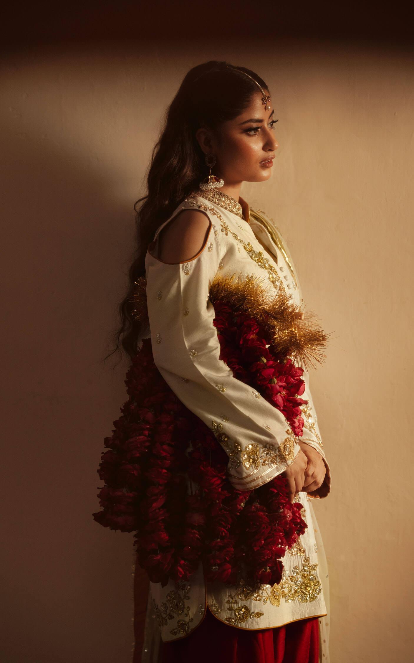 White Dabka Embroidered Raw Silk Salwar Kameez (3-Piece) - Image 8