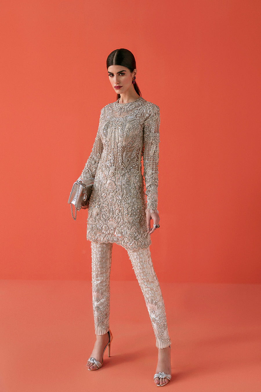 White Embroidered Net Pencil Shirt with Raw Silk Pants (2-Piece) - Image 1