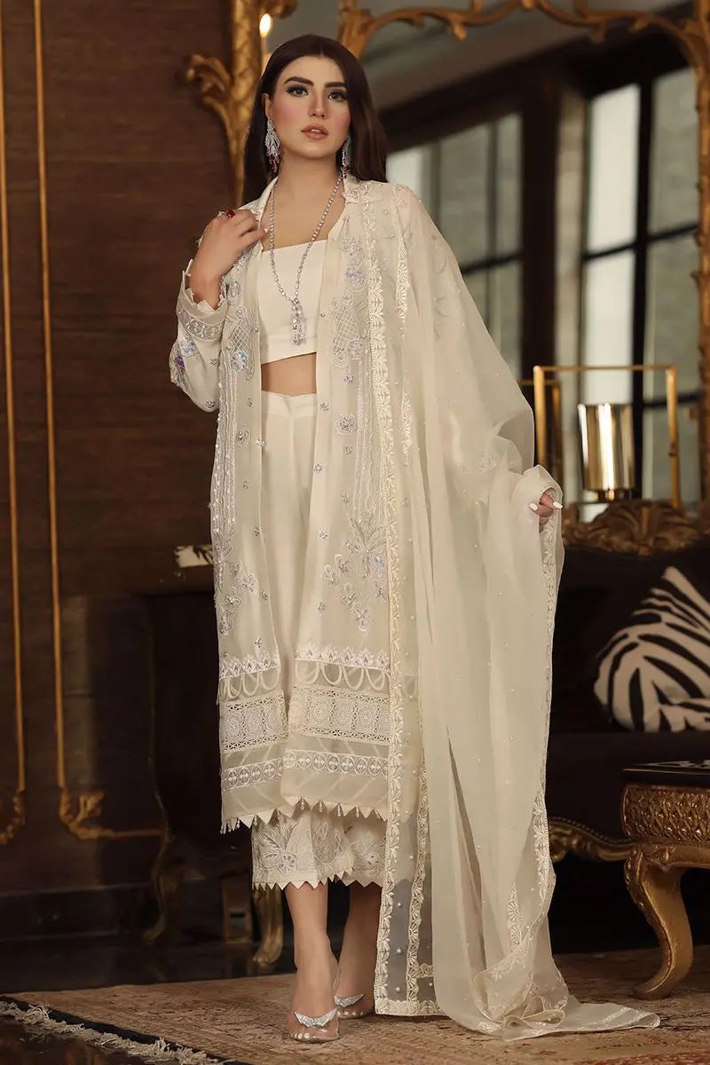 Pakistani White Embroidered Raw Silk Jacket Set (4-Piece) - Image 1