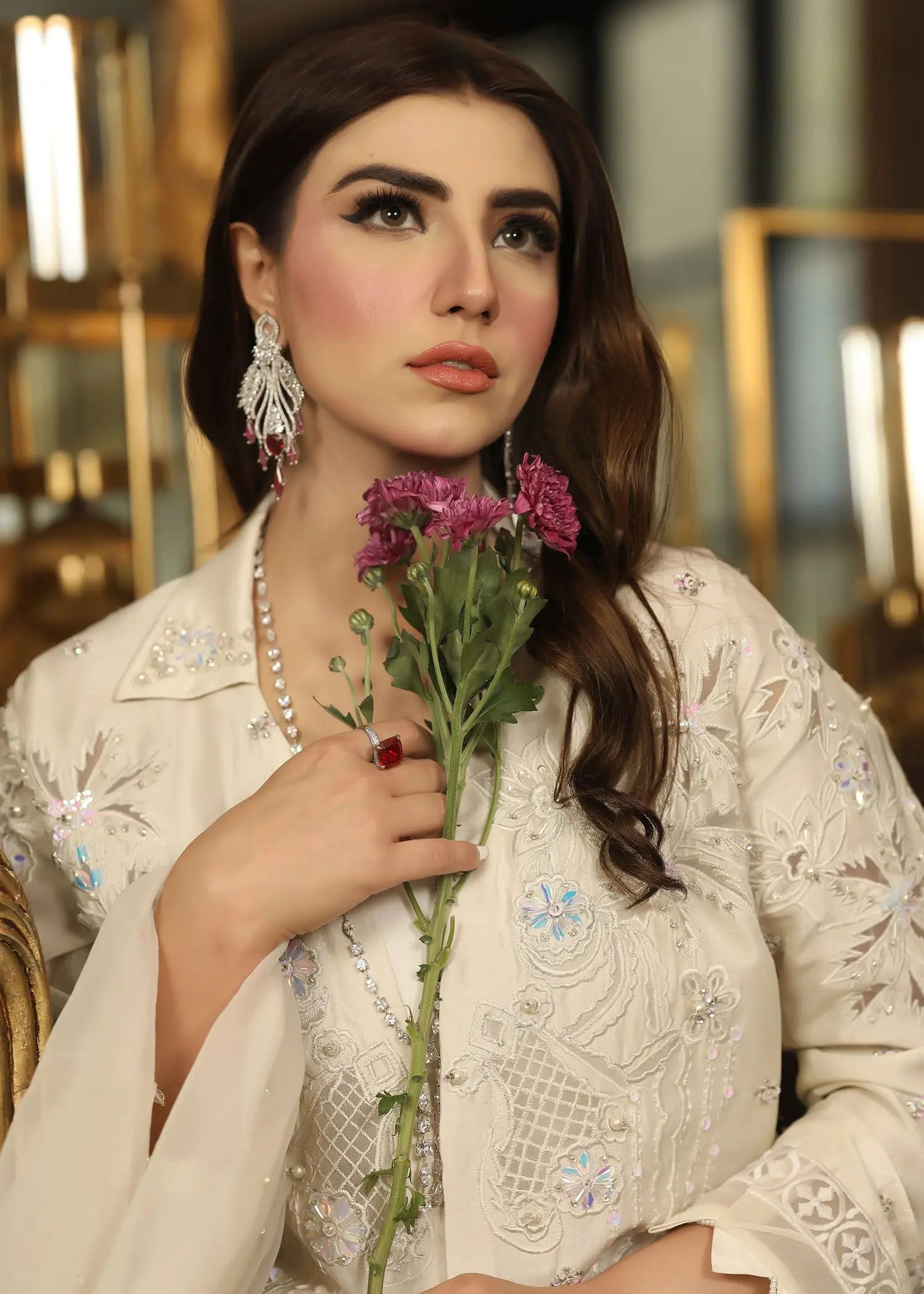 Pakistani White Embroidered Raw Silk Jacket Set (4-Piece) - Image 10