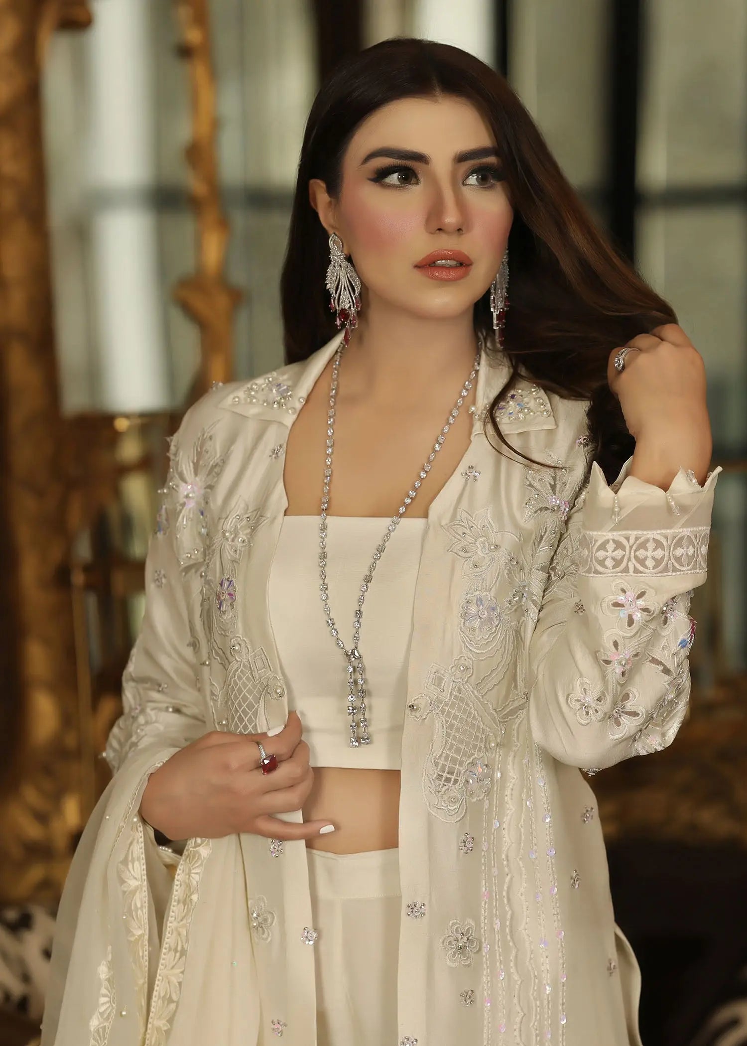 Pakistani White Embroidered Raw Silk Jacket Set (4-Piece) - Image 11