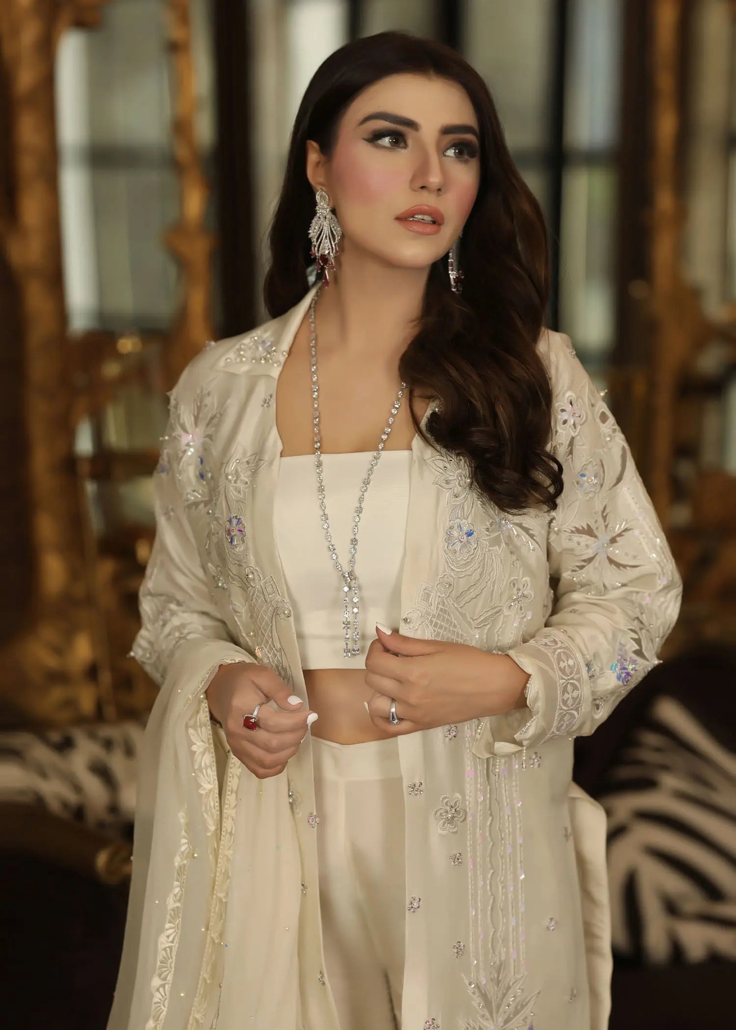 Pakistani White Embroidered Raw Silk Jacket Set (4-Piece) - Image 12
