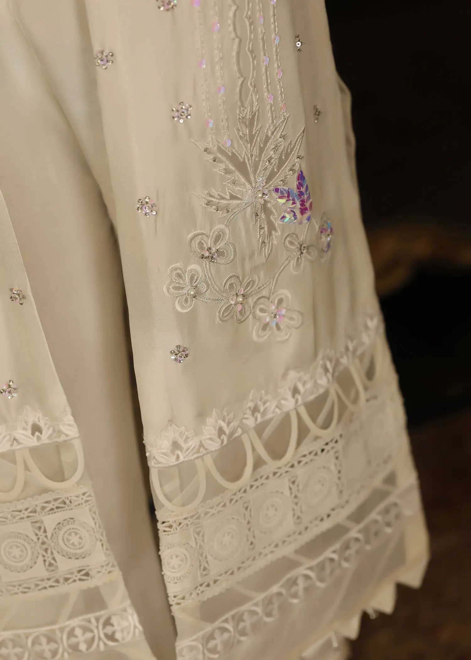 Pakistani White Embroidered Raw Silk Jacket Set (4-Piece) - Image 13