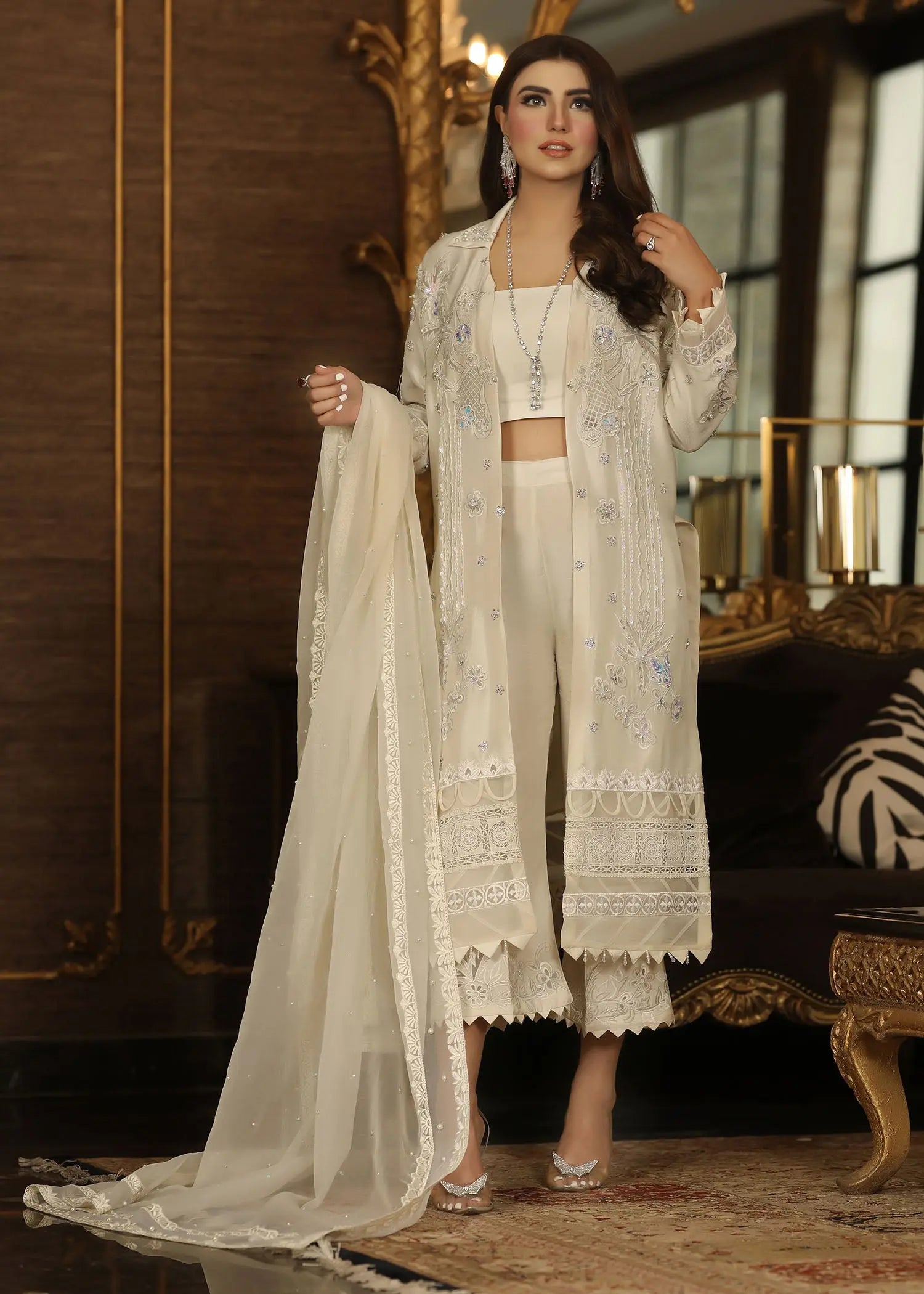 Pakistani White Embroidered Raw Silk Jacket Set (4-Piece) - Image 14