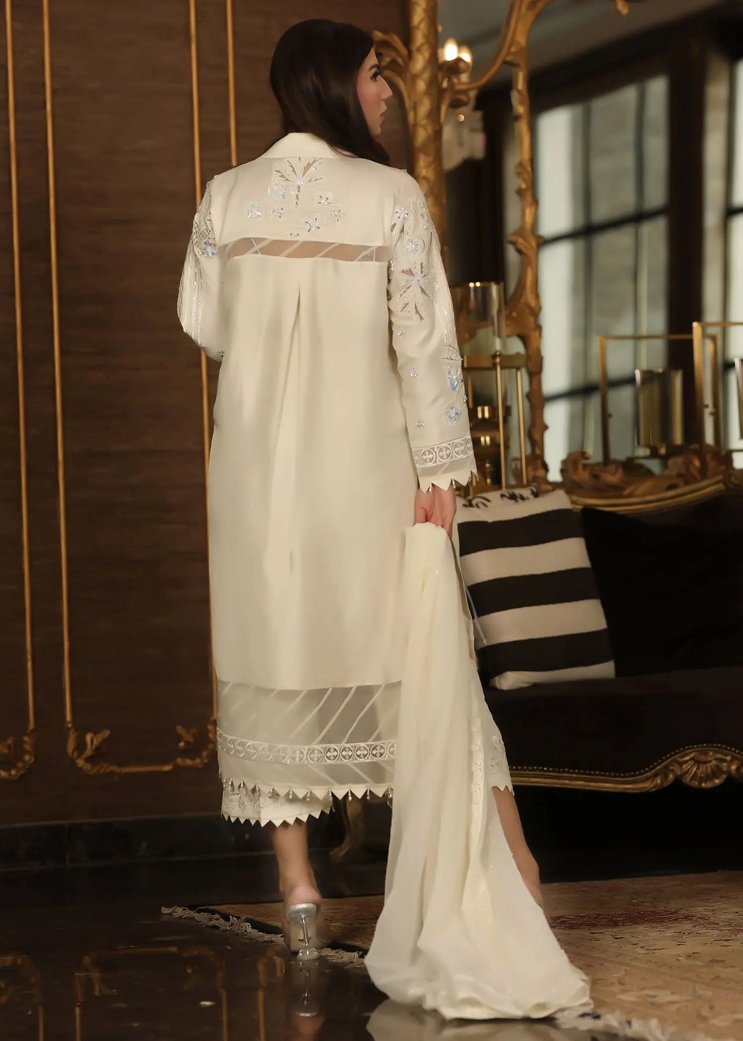 Pakistani White Embroidered Raw Silk Jacket Set (4-Piece) - Image 3
