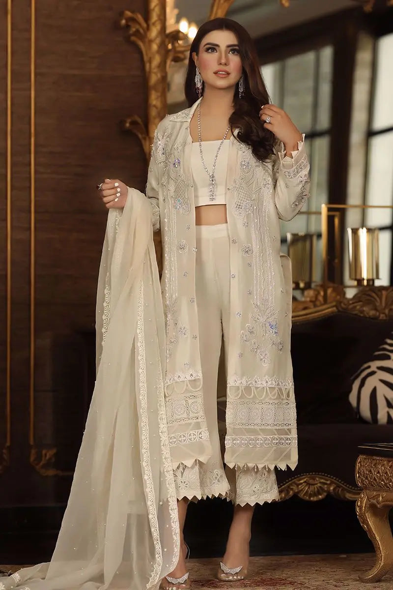 Pakistani White Embroidered Raw Silk Jacket Set (4-Piece) - Image 4