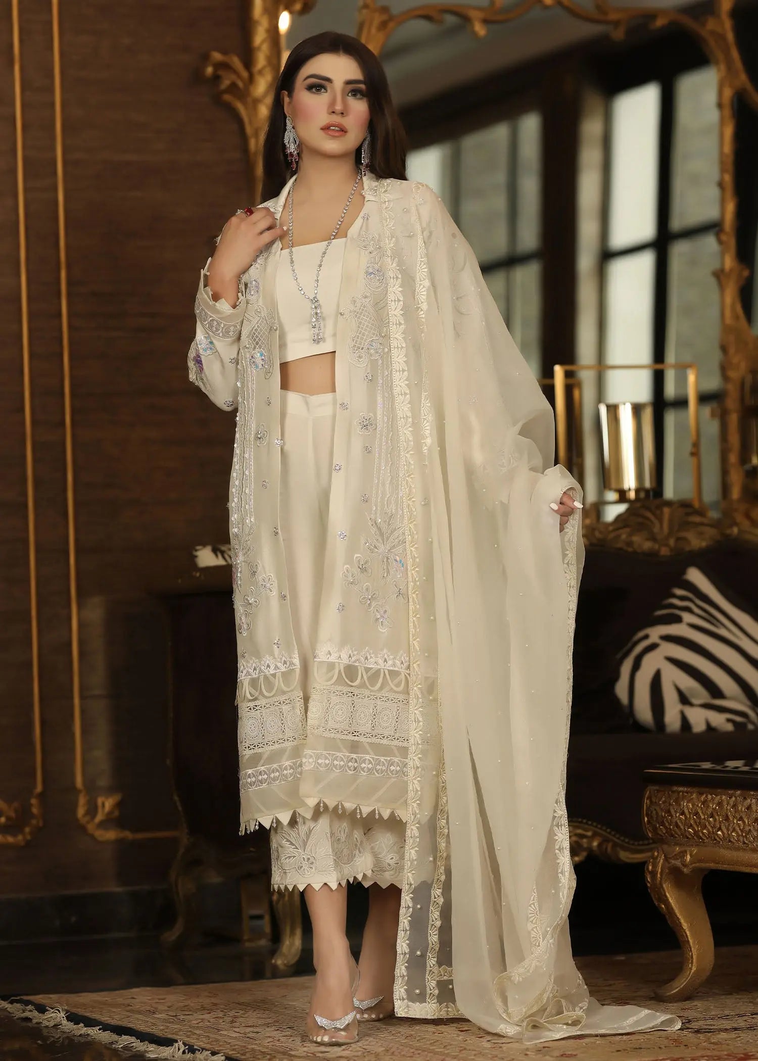Pakistani White Embroidered Raw Silk Jacket Set (4-Piece) - Image 5