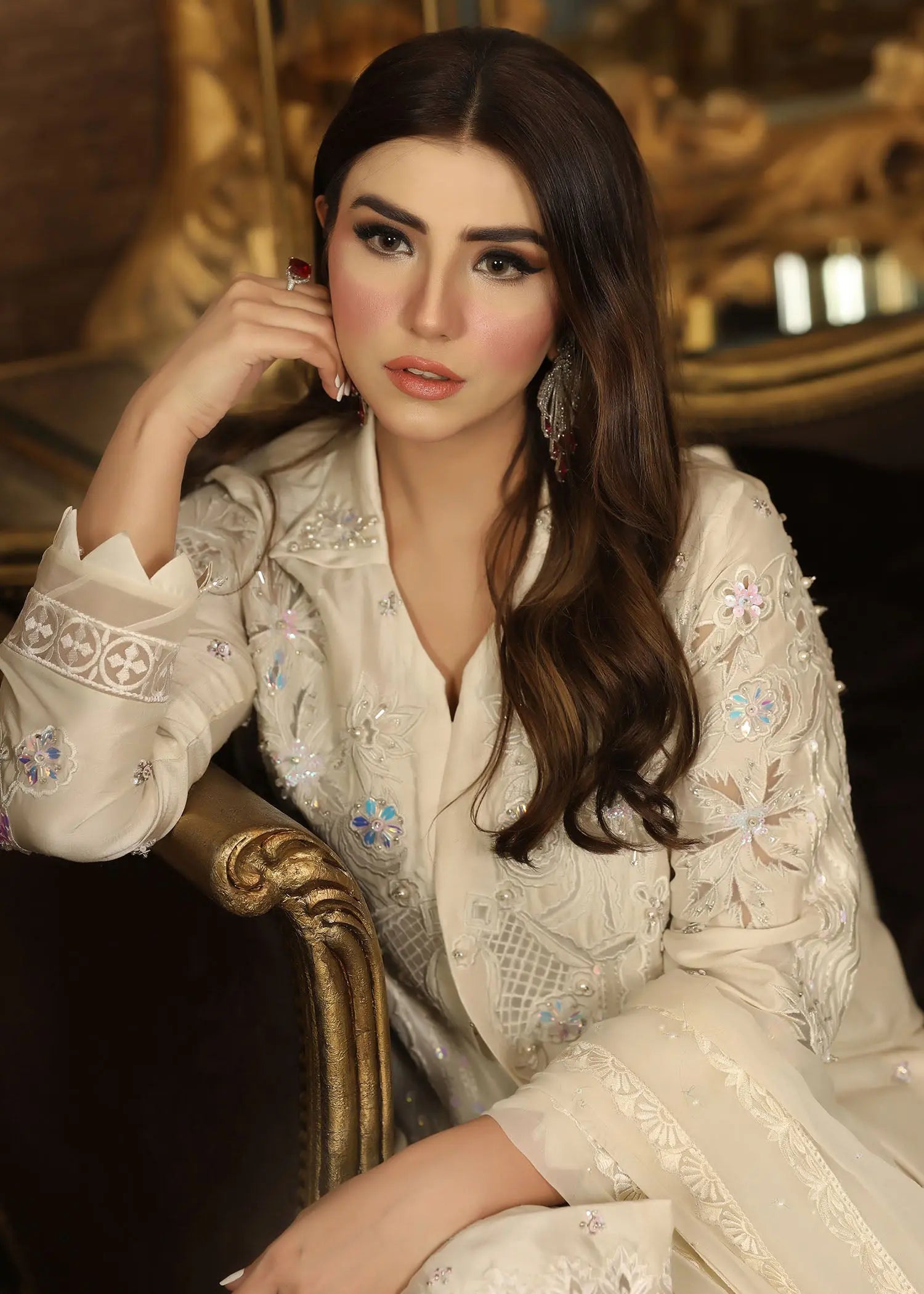 Pakistani White Embroidered Raw Silk Jacket Set (4-Piece) - Image 7