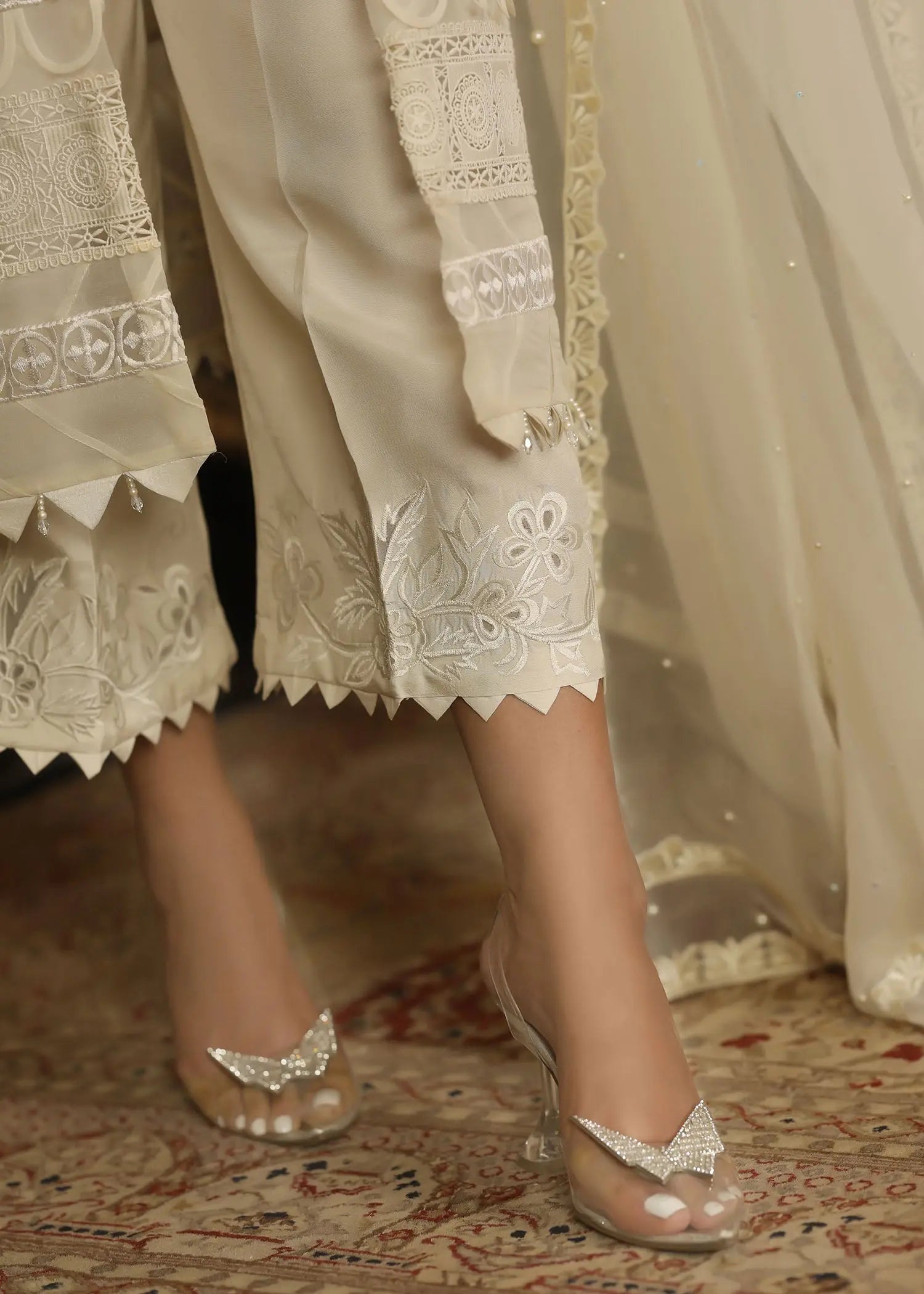 Pakistani White Embroidered Raw Silk Jacket Set (4-Piece) - Image 8