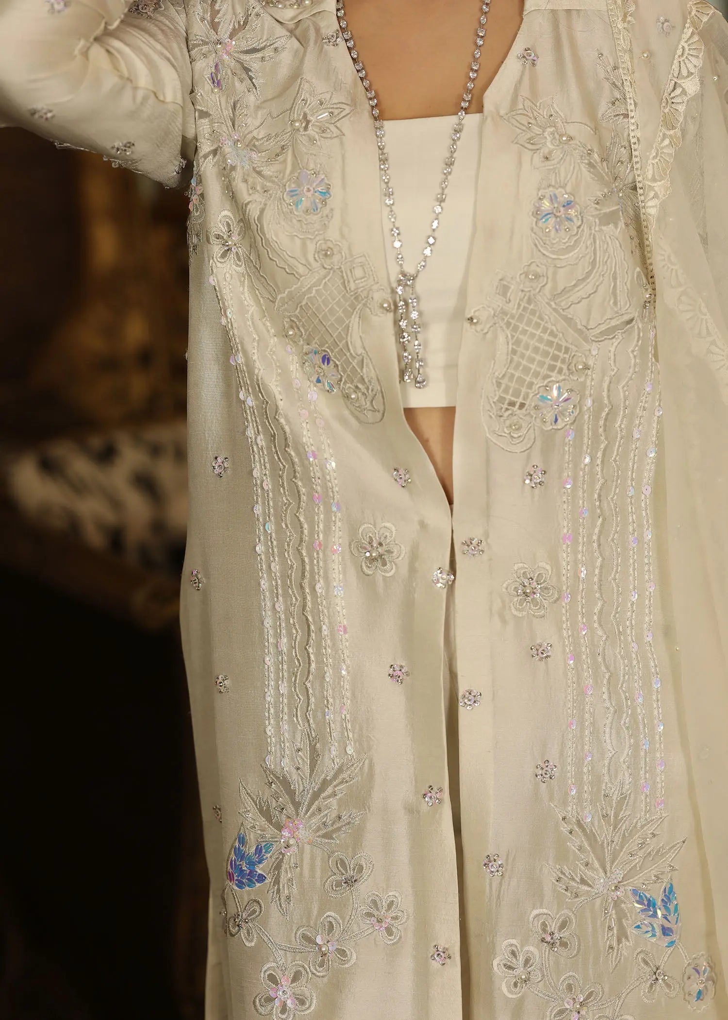 Pakistani White Embroidered Raw Silk Jacket Set (4-Piece) - Image 9