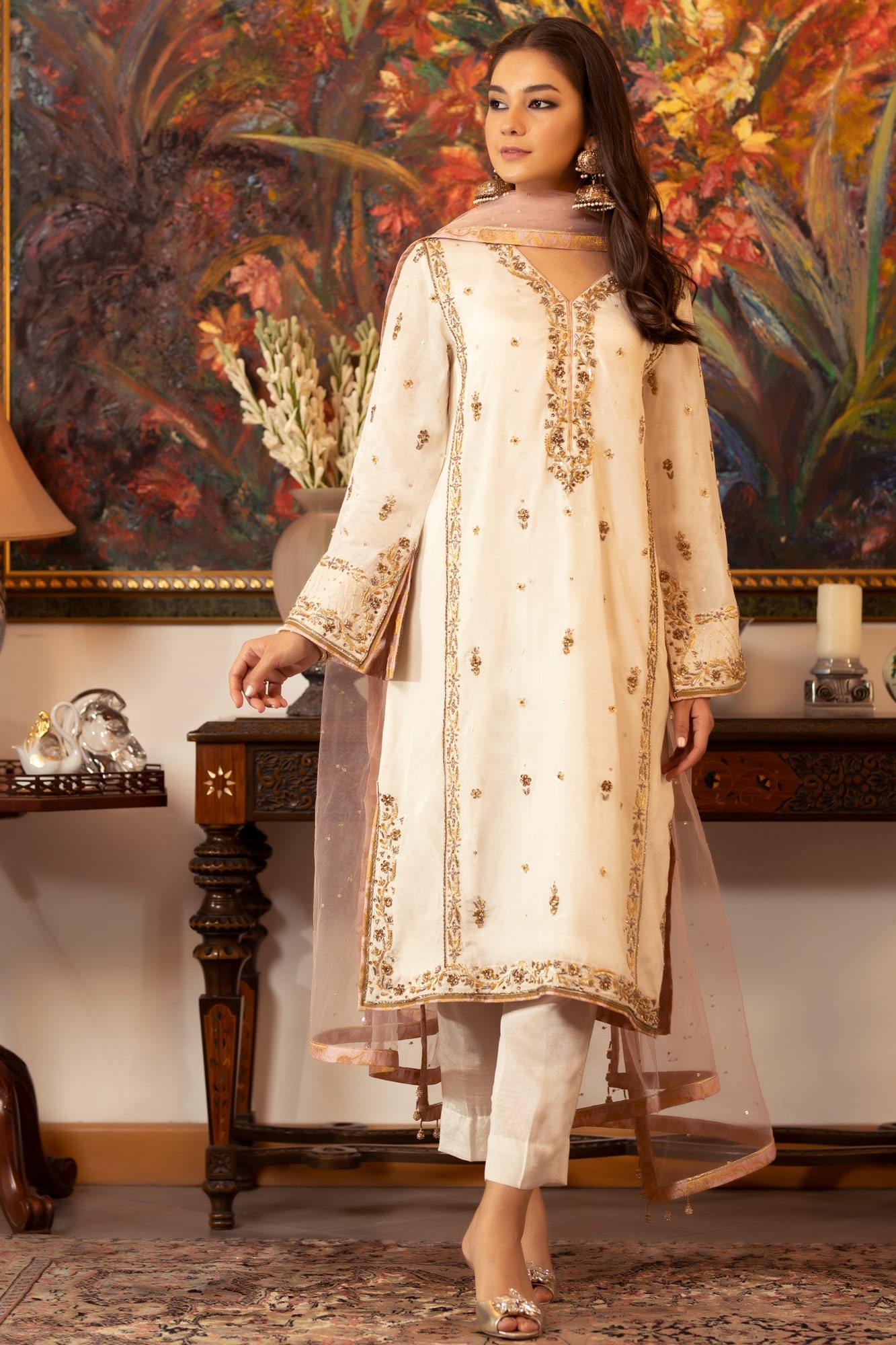 Pakistani White Hand-Embellished Raw Silk Salwar Kameez (3-Piece) - Image 2