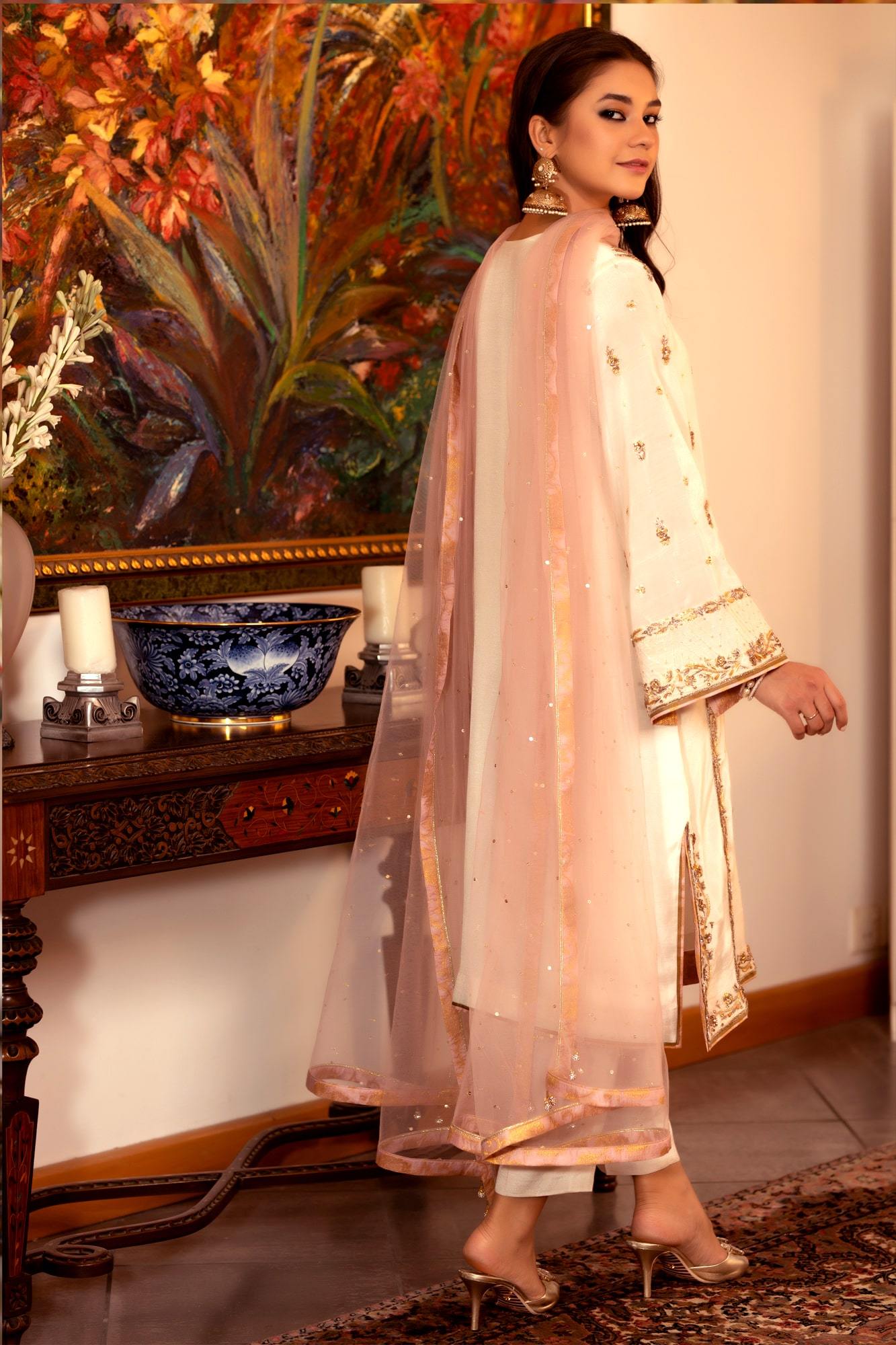 Pakistani White Hand-Embellished Raw Silk Salwar Kameez (3-Piece) - Image 3
