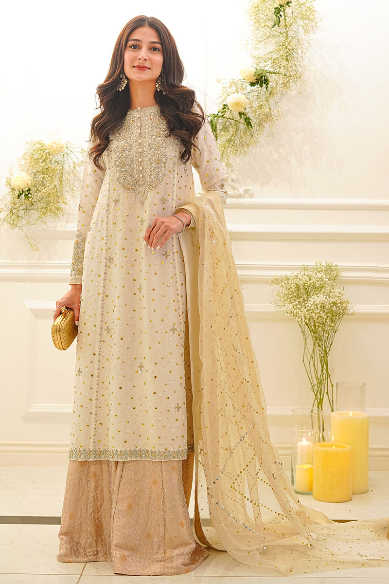 Pakistani White Kamdani Raw Silk Salwar Kameez (3-Piece) - Image 1