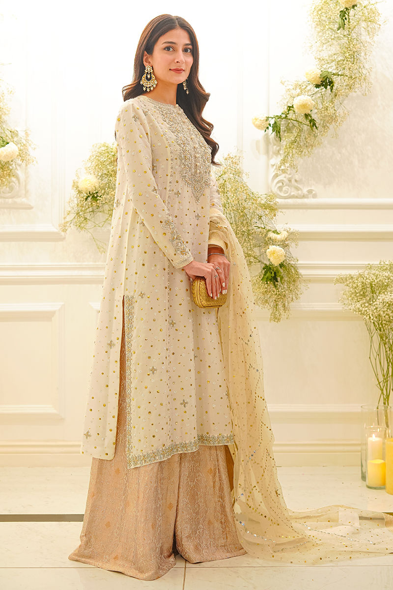 Pakistani White Kamdani Raw Silk Salwar Kameez (3-Piece) - Image 4