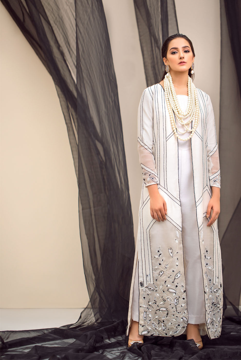 Black & White Embroidered Raw Silk Organza Jacket (3-Piece) - Image 1