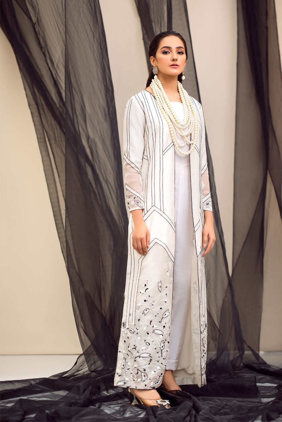 Black & White Embroidered Raw Silk Organza Jacket (3-Piece) - Image 2