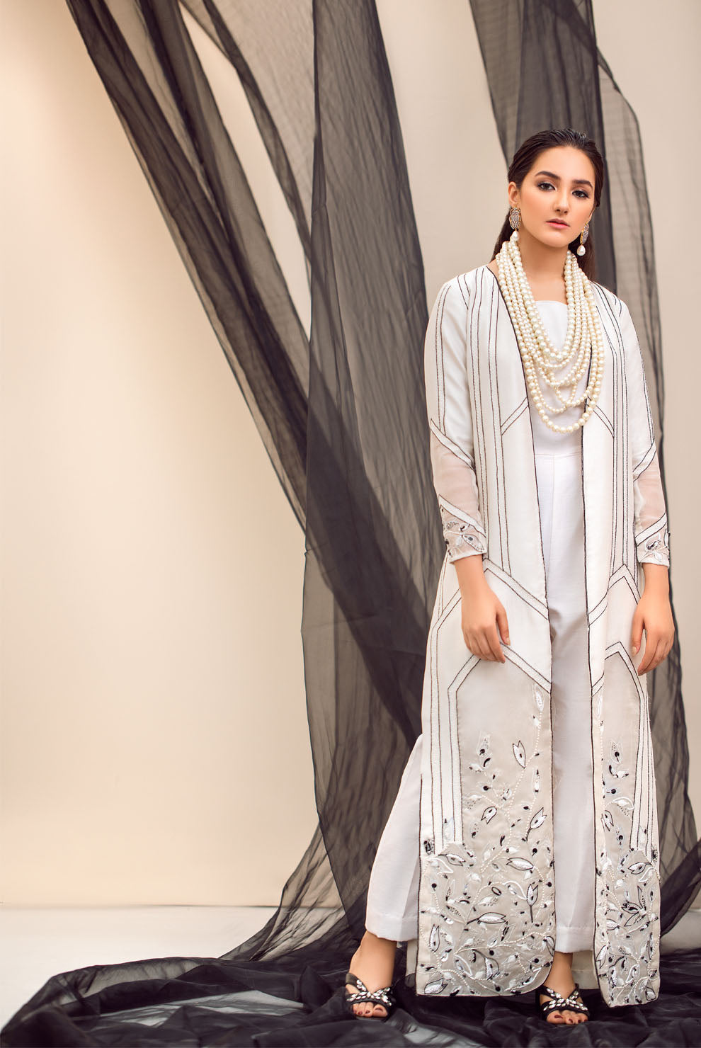 Black & White Embroidered Raw Silk Organza Jacket (3-Piece) - Image 4