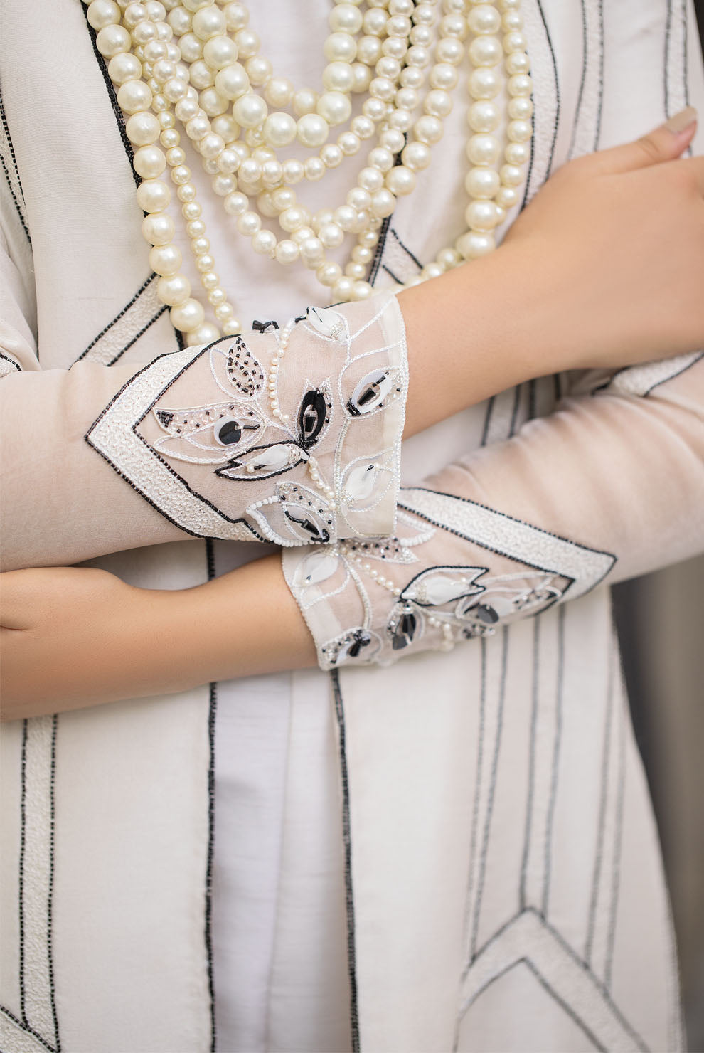 Black & White Embroidered Raw Silk Organza Jacket (3-Piece) - Image 6