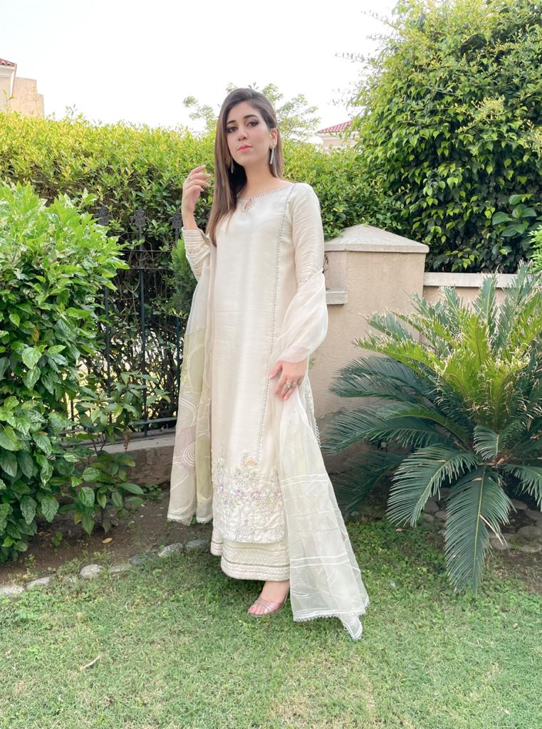 Vanilla White Embroidered Raw Silk Salwar Kameez (3-Piece) - Image 1