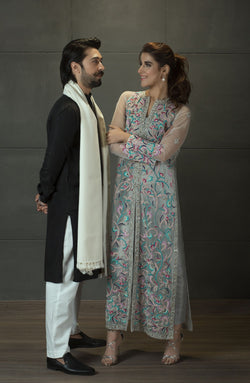 Pakistani White Resham Embroidered Net Jacket 3-Piece Set - Image 1