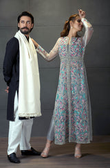 Pakistani White Resham Embroidered Net Jacket 3-Piece Set - Image 3