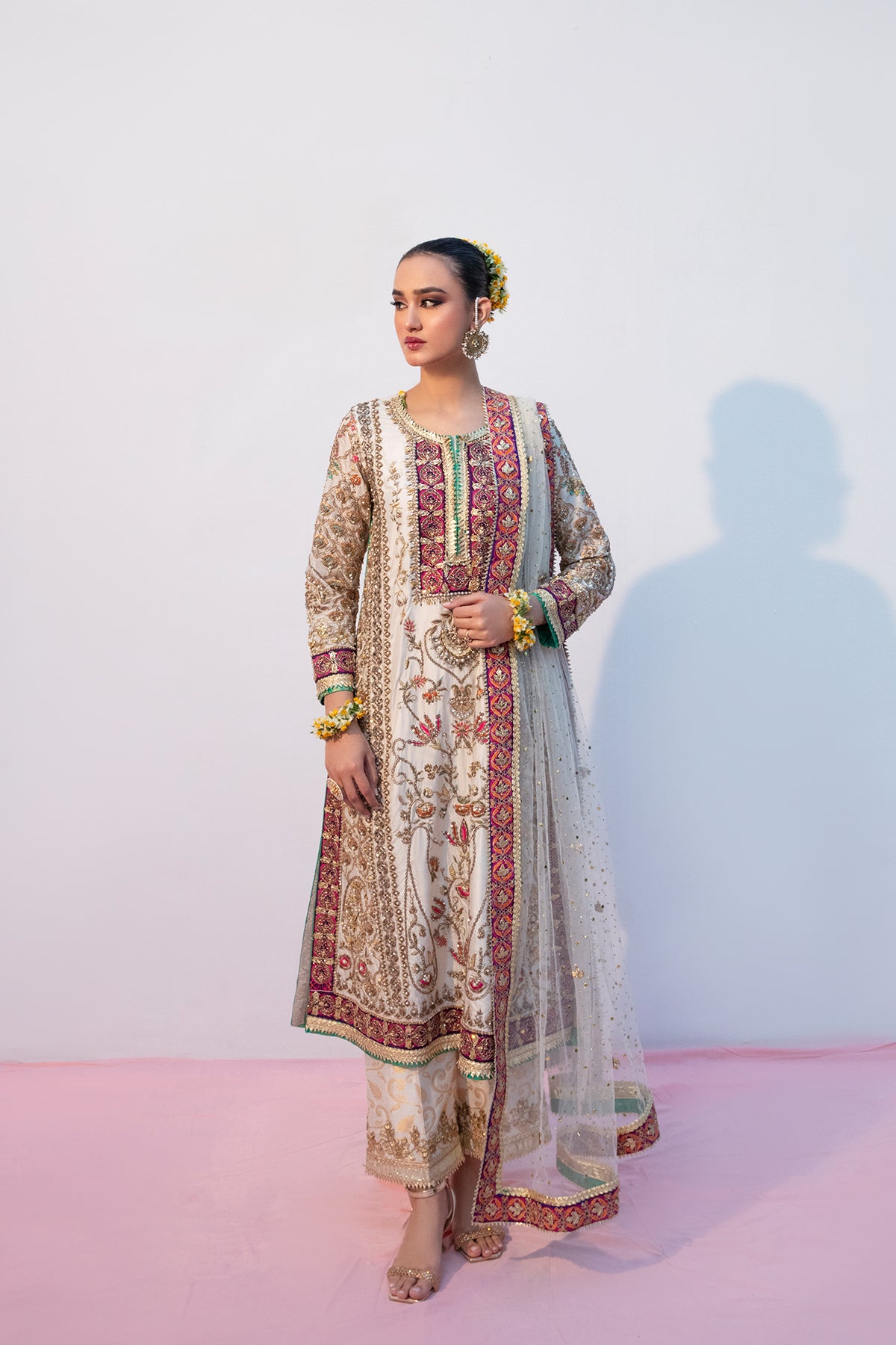 White Embellished Raw Silk Salwar Kameez (3-Piece) - Image 1