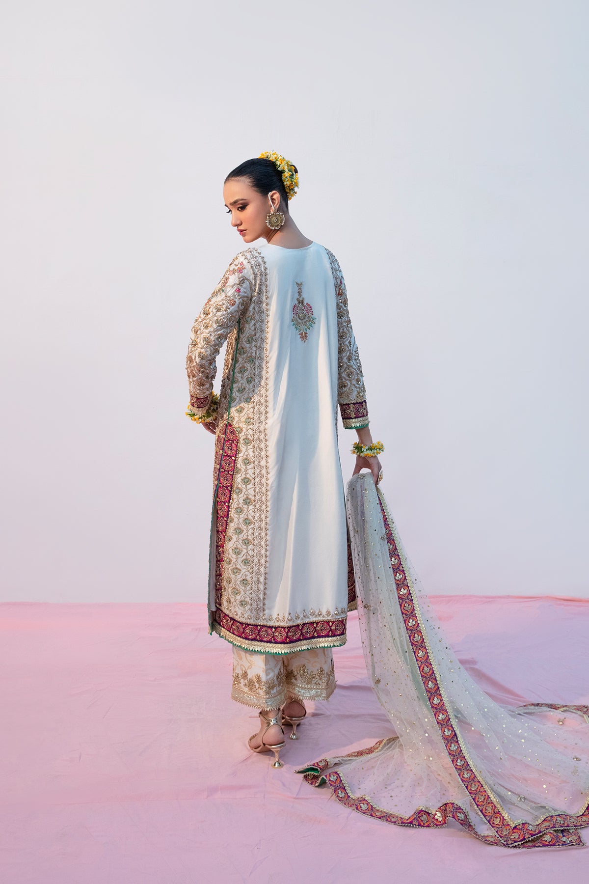 White Embellished Raw Silk Salwar Kameez (3-Piece) - Image 3