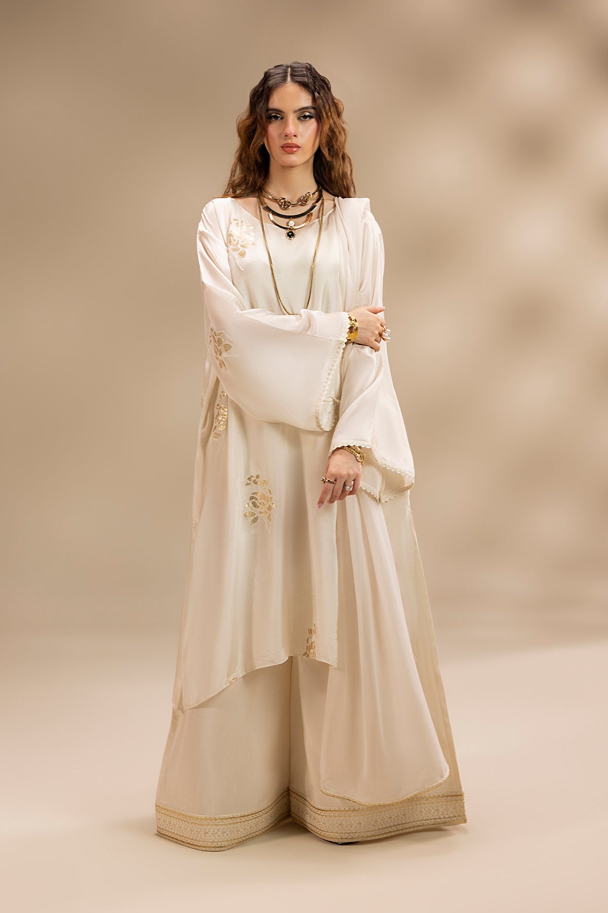 Pakistani Pearl White Embroidered Silk Salwar Kameez (3-Piece) - Image 1