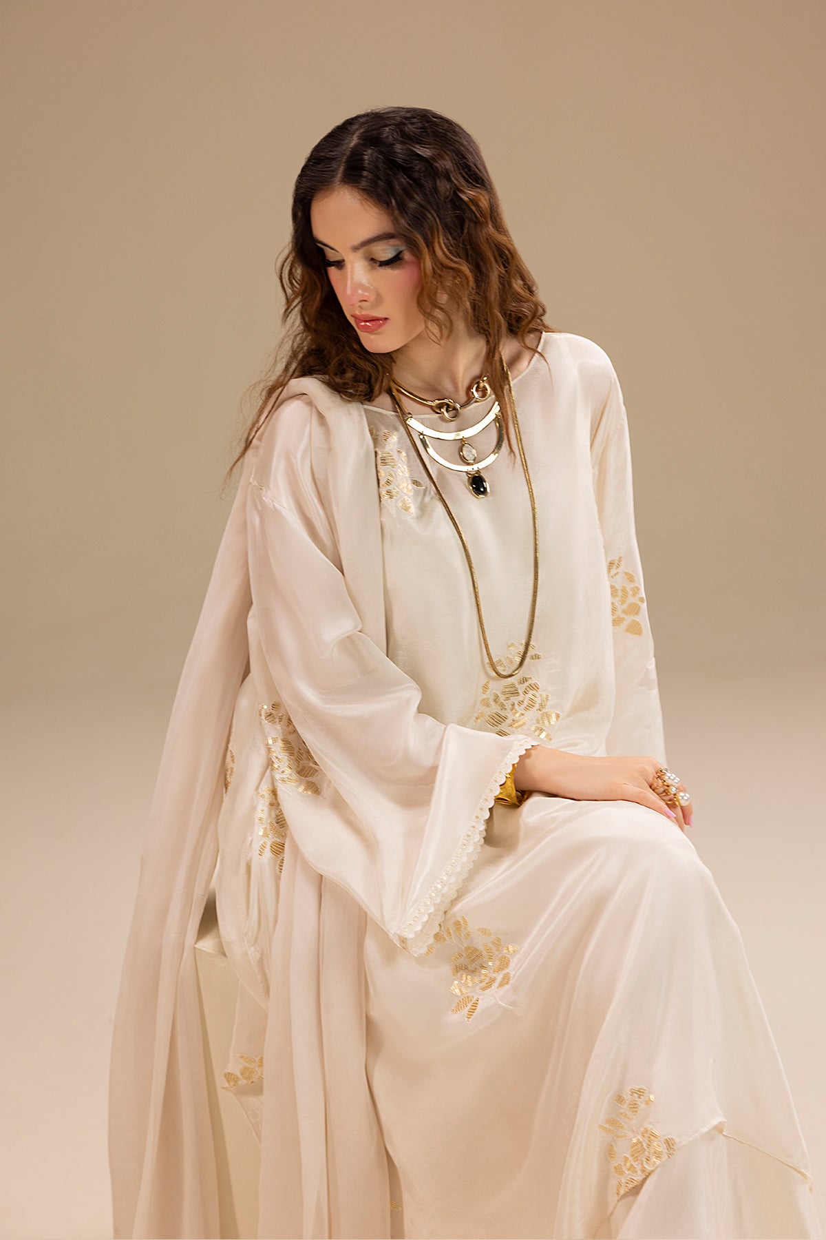 Pakistani Pearl White Embroidered Silk Salwar Kameez (3-Piece) - Image 2