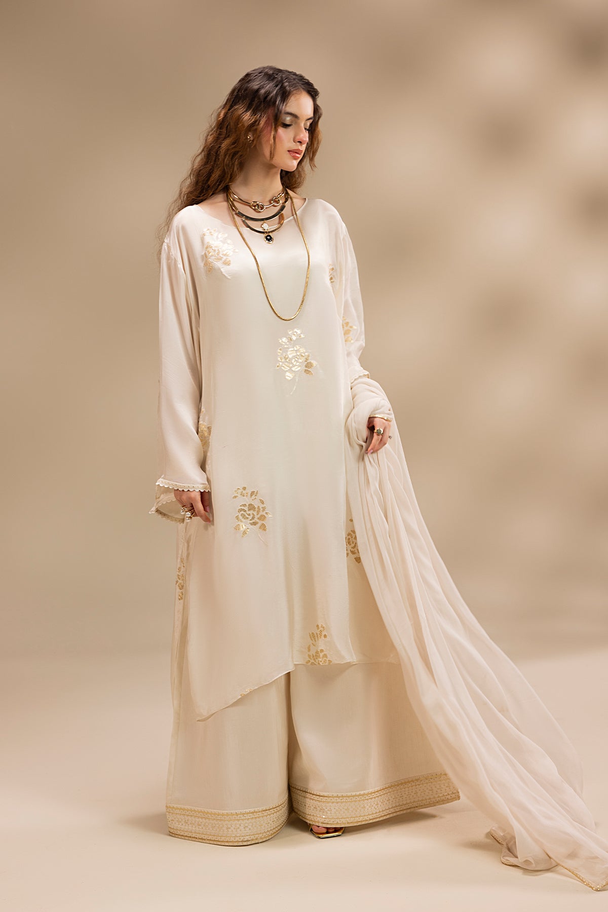 Pakistani Pearl White Embroidered Silk Salwar Kameez (3-Piece) - Image 3
