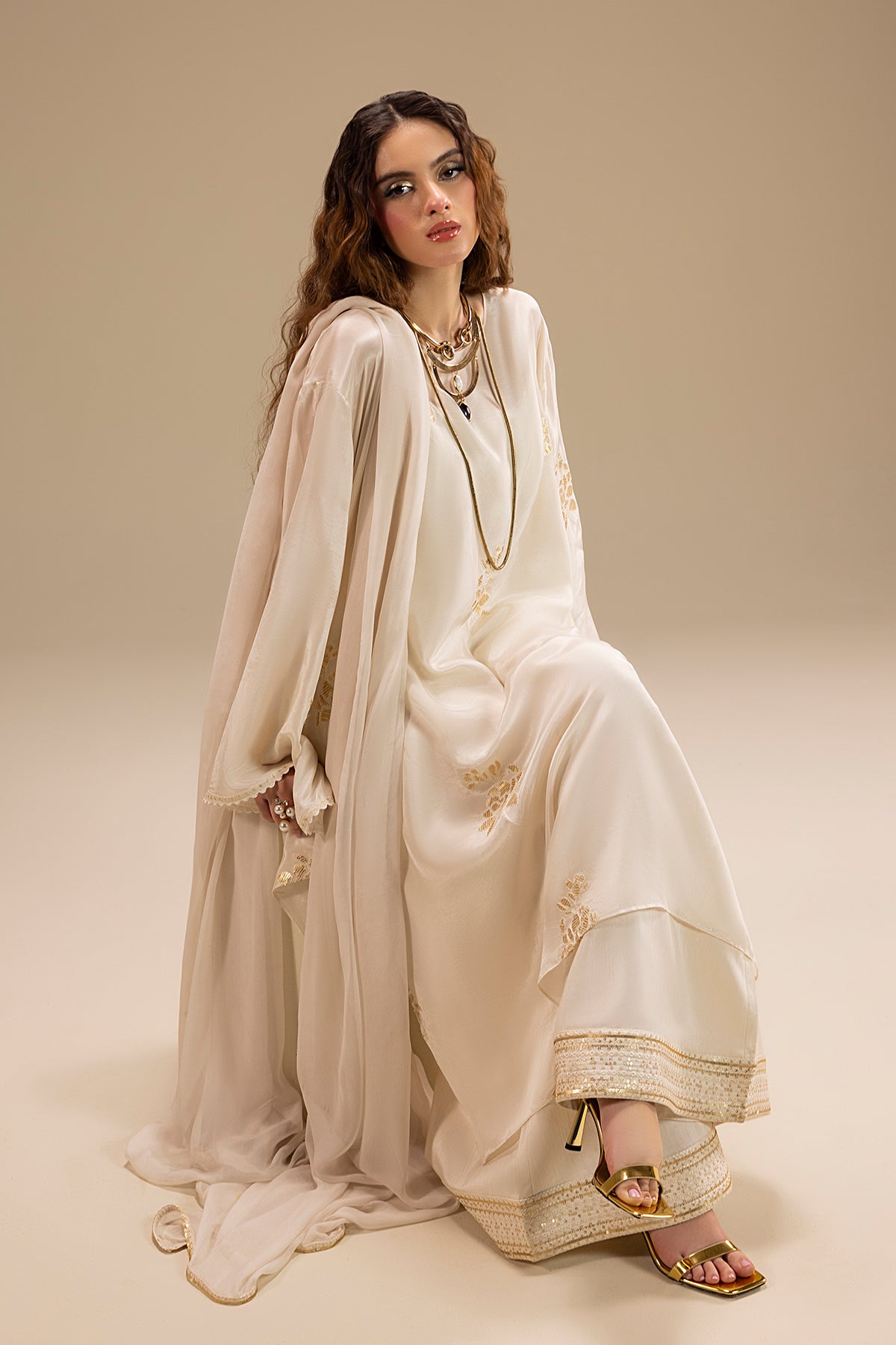 Pakistani Pearl White Embroidered Silk Salwar Kameez (3-Piece) - Image 5