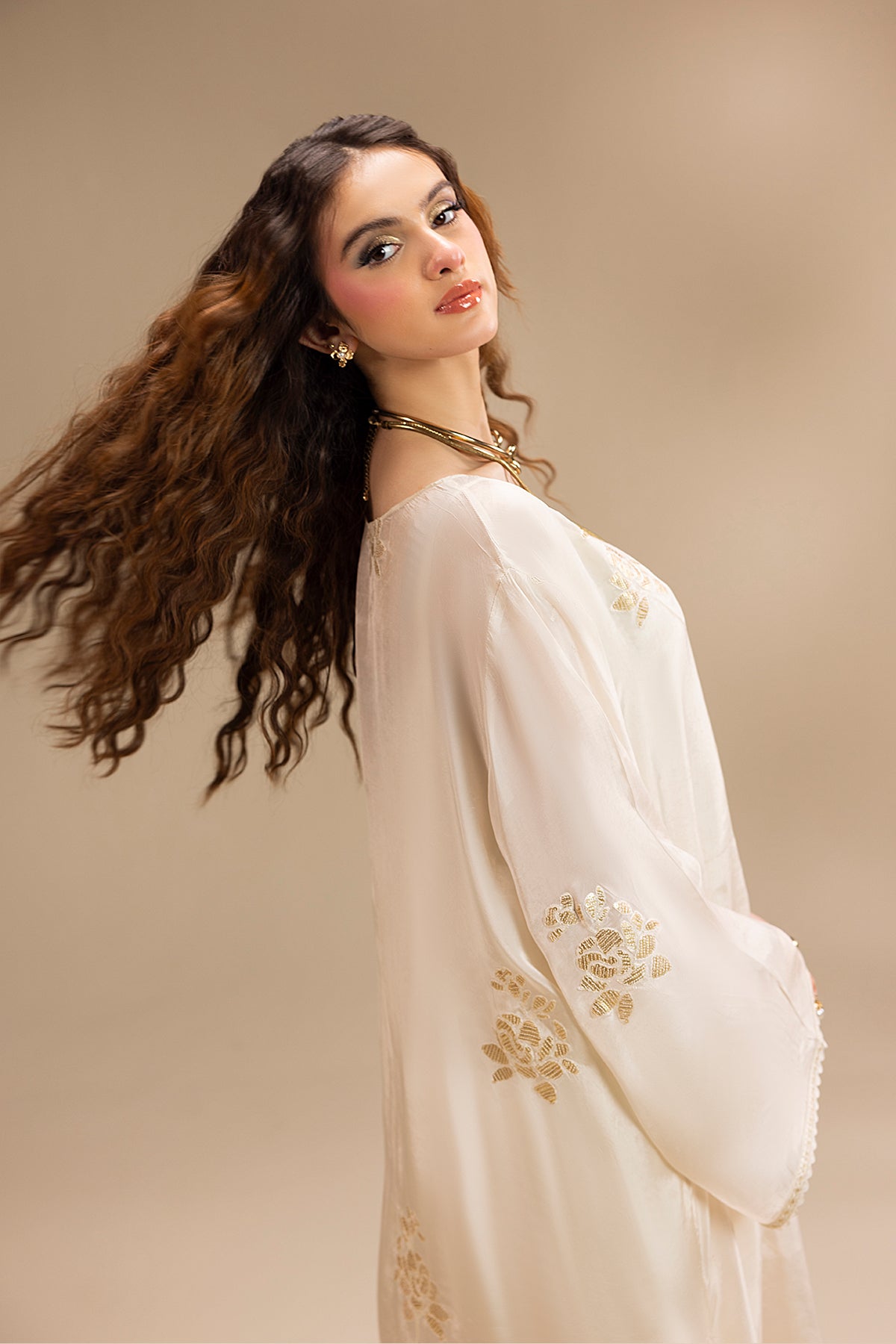 Pakistani Pearl White Embroidered Silk Salwar Kameez (3-Piece) - Image 6