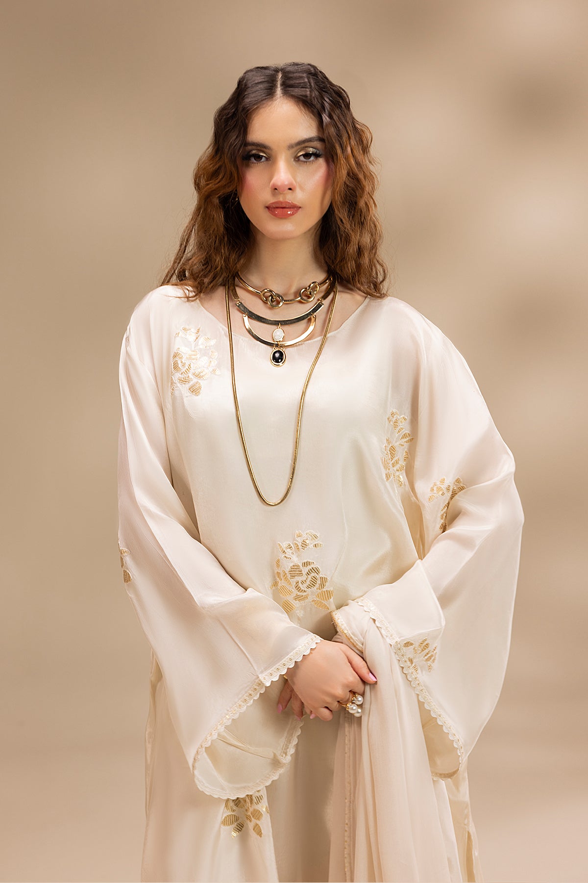 Pakistani Pearl White Embroidered Silk Salwar Kameez (3-Piece) - Image 7
