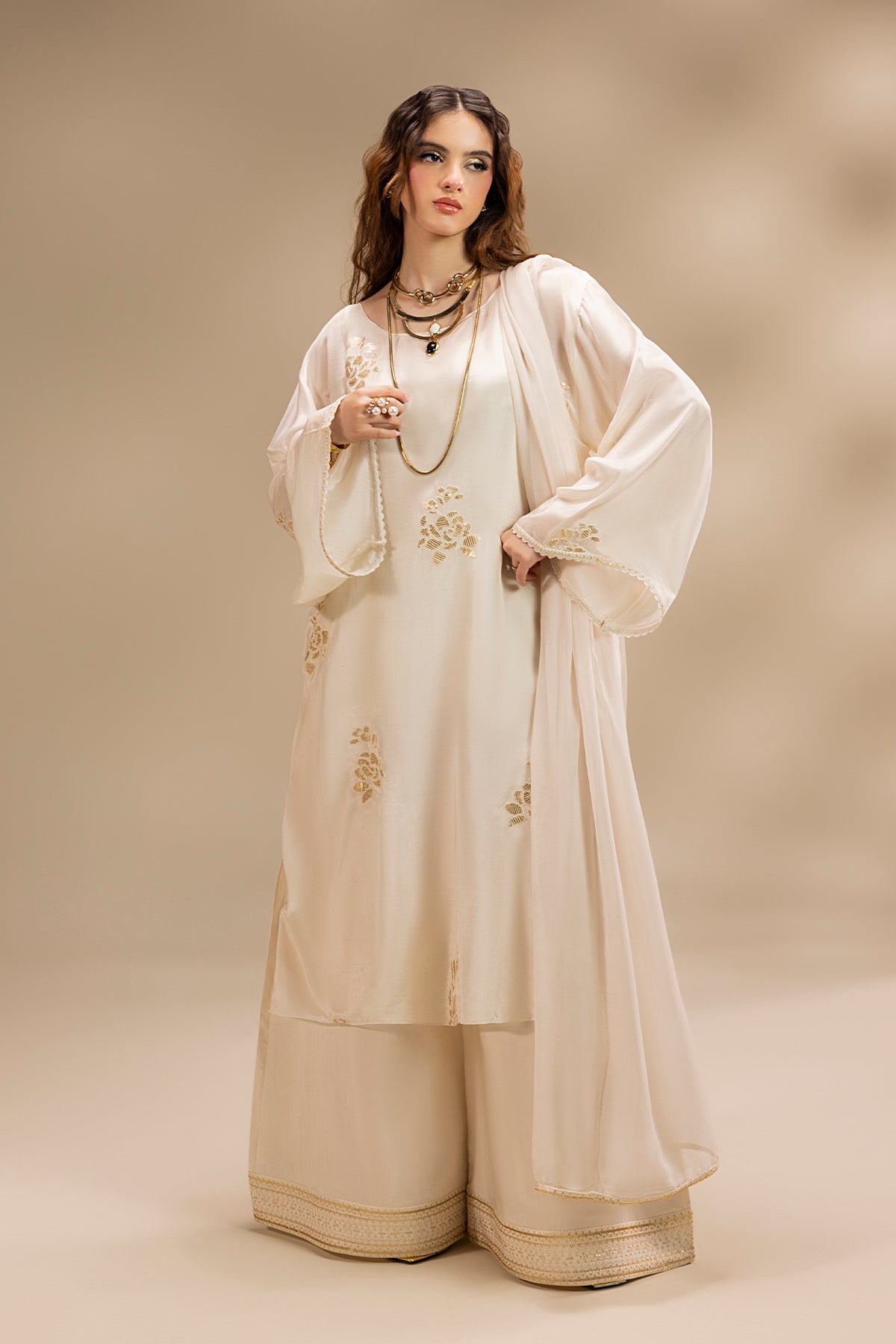 Pakistani Pearl White Embroidered Silk Salwar Kameez (3-Piece) - Image 8