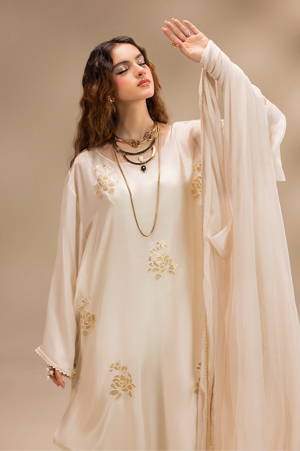 Pakistani Pearl White Embroidered Silk Salwar Kameez (3-Piece) - Image 9