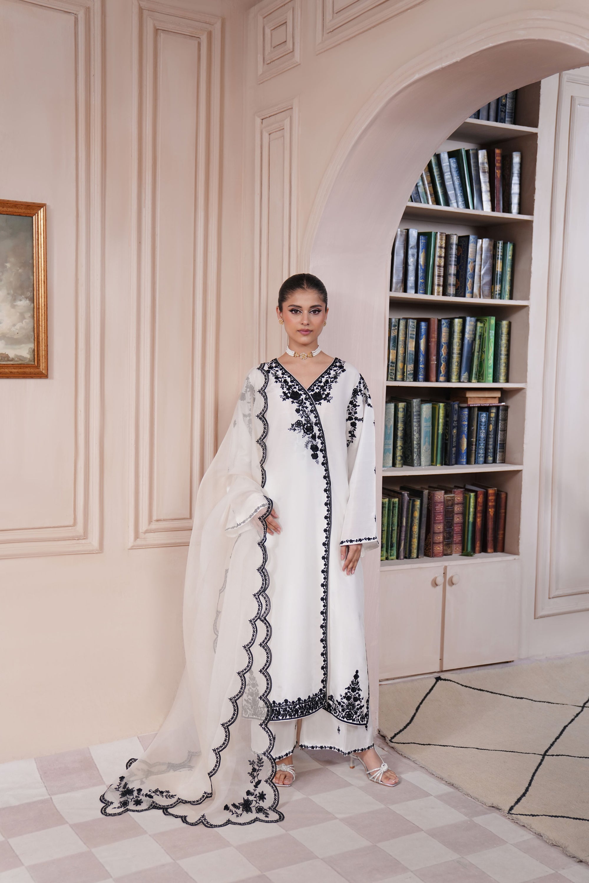 Pearl White Embroidered Raw Silk Salwar Kameez (3-Piece) - Image 1