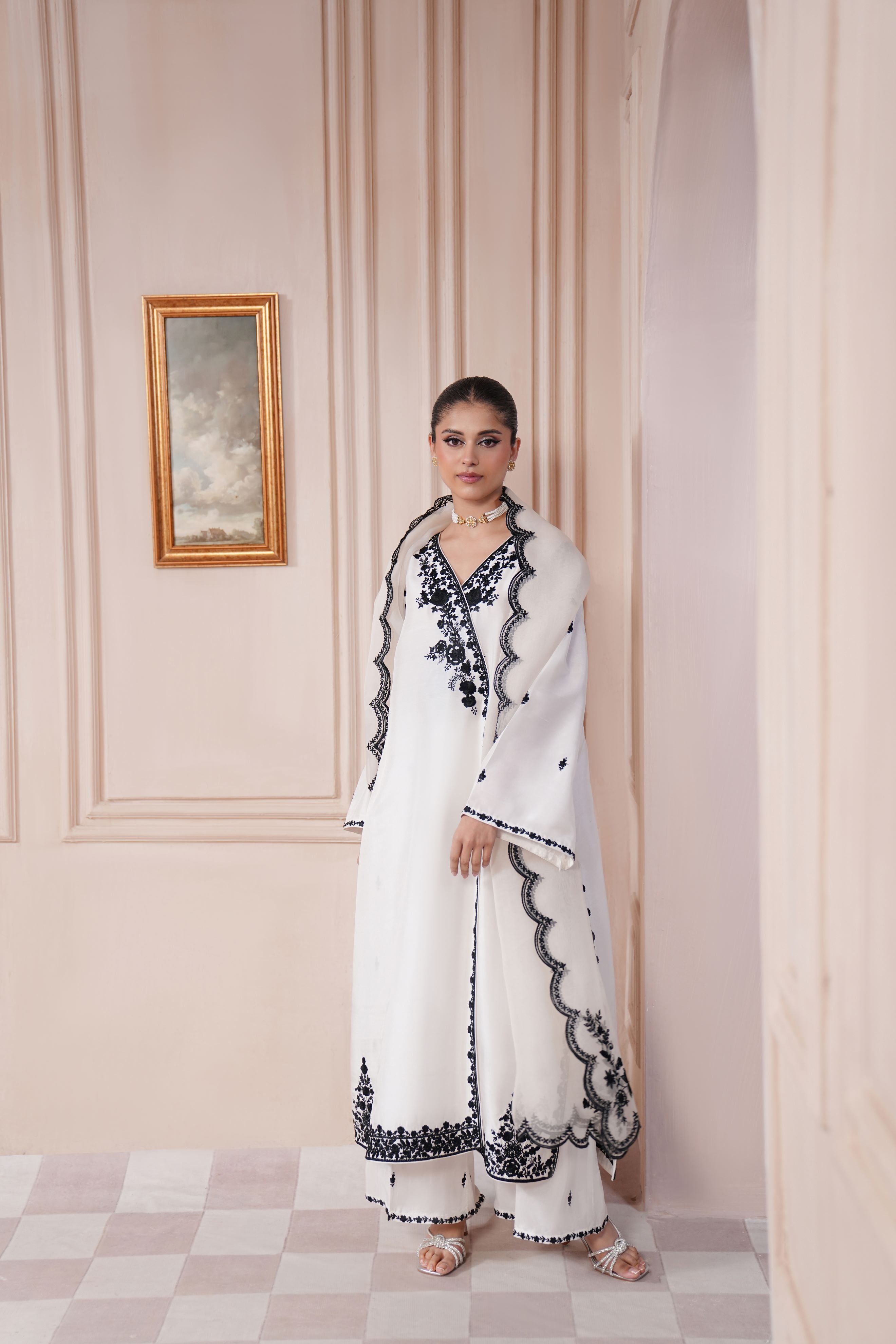 Pearl White Embroidered Raw Silk Salwar Kameez (3-Piece) - Image 2